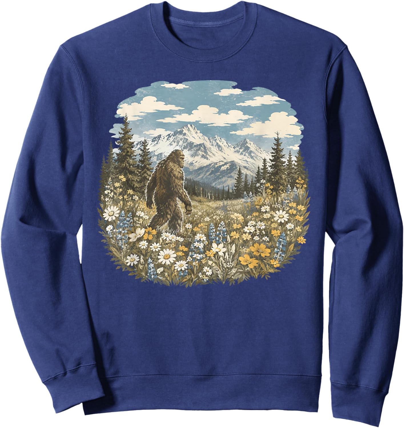 Vintage Sasquatch Floral Bigfoot Walks in A Field of Flowers Sweatshirt - Sweatshirt | Navy