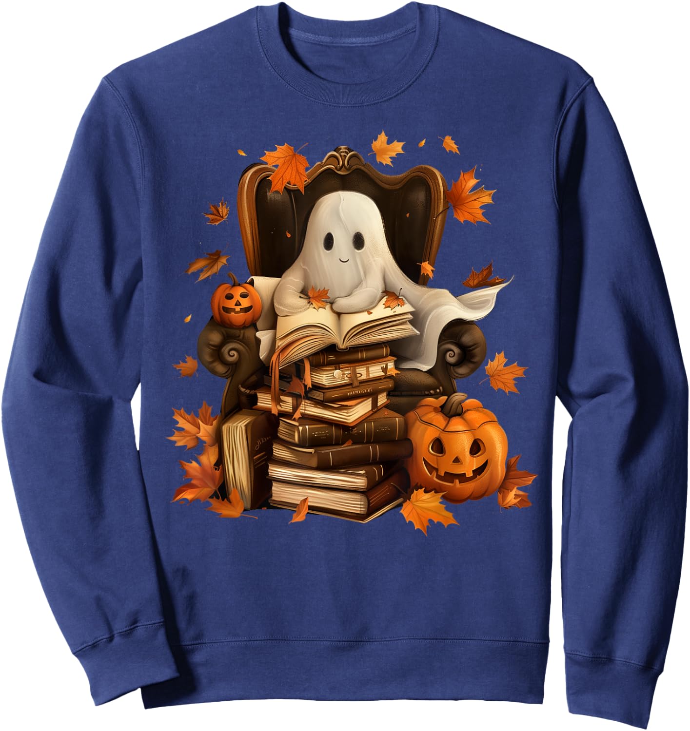 Vintage Ghost Book Reading Pumpkin Gothic Halloween Teachers Sweatshirt - Sweatshirt | Navy