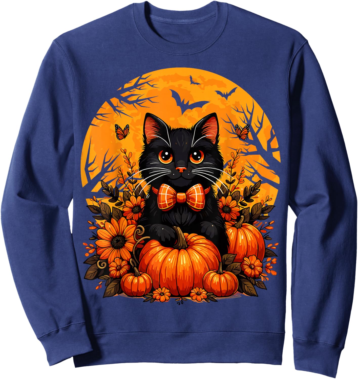 Retro Black Cat Fall Pumpkin Cute Halloween Cat Autumn Sweatshirt - Sweatshirt | Navy