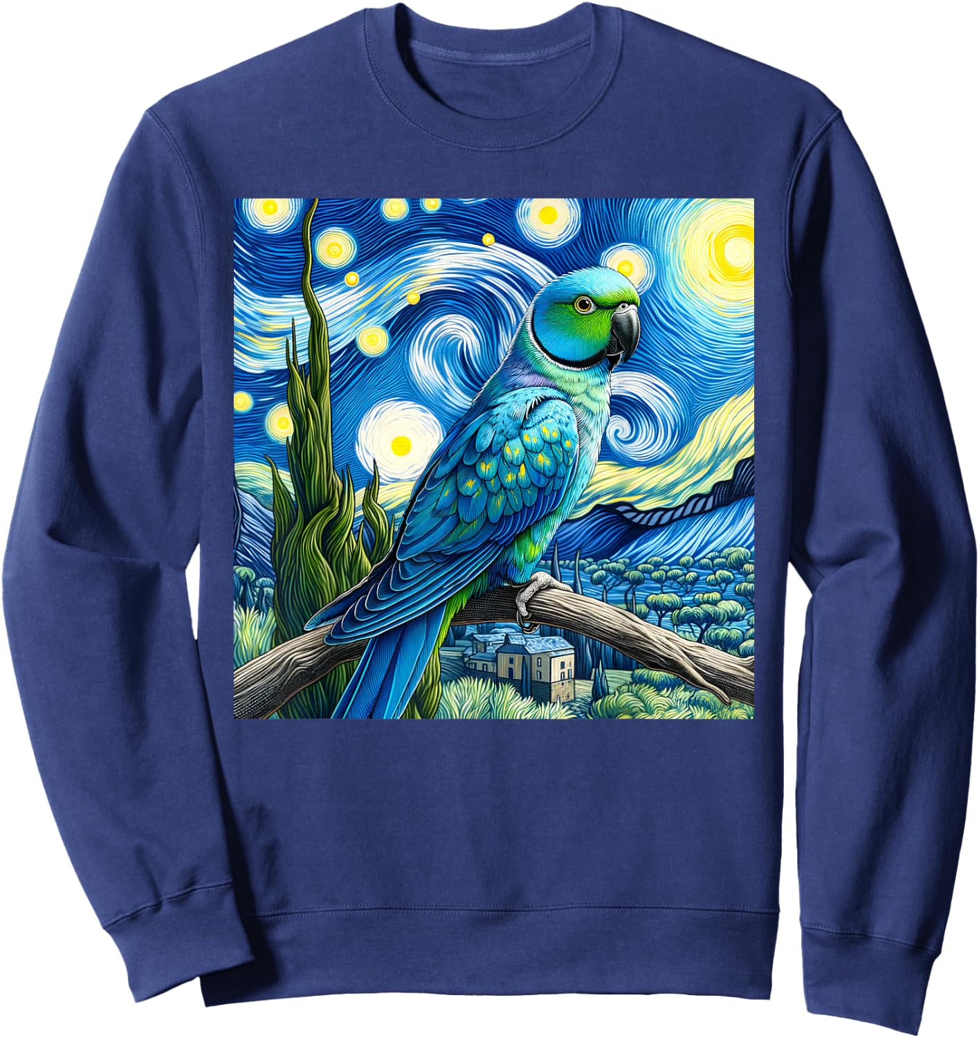 Blue Indian Ringneck Parrot Parakeet Starry Night Van Gogh Sweatshirt - Sweatshirt | Navy