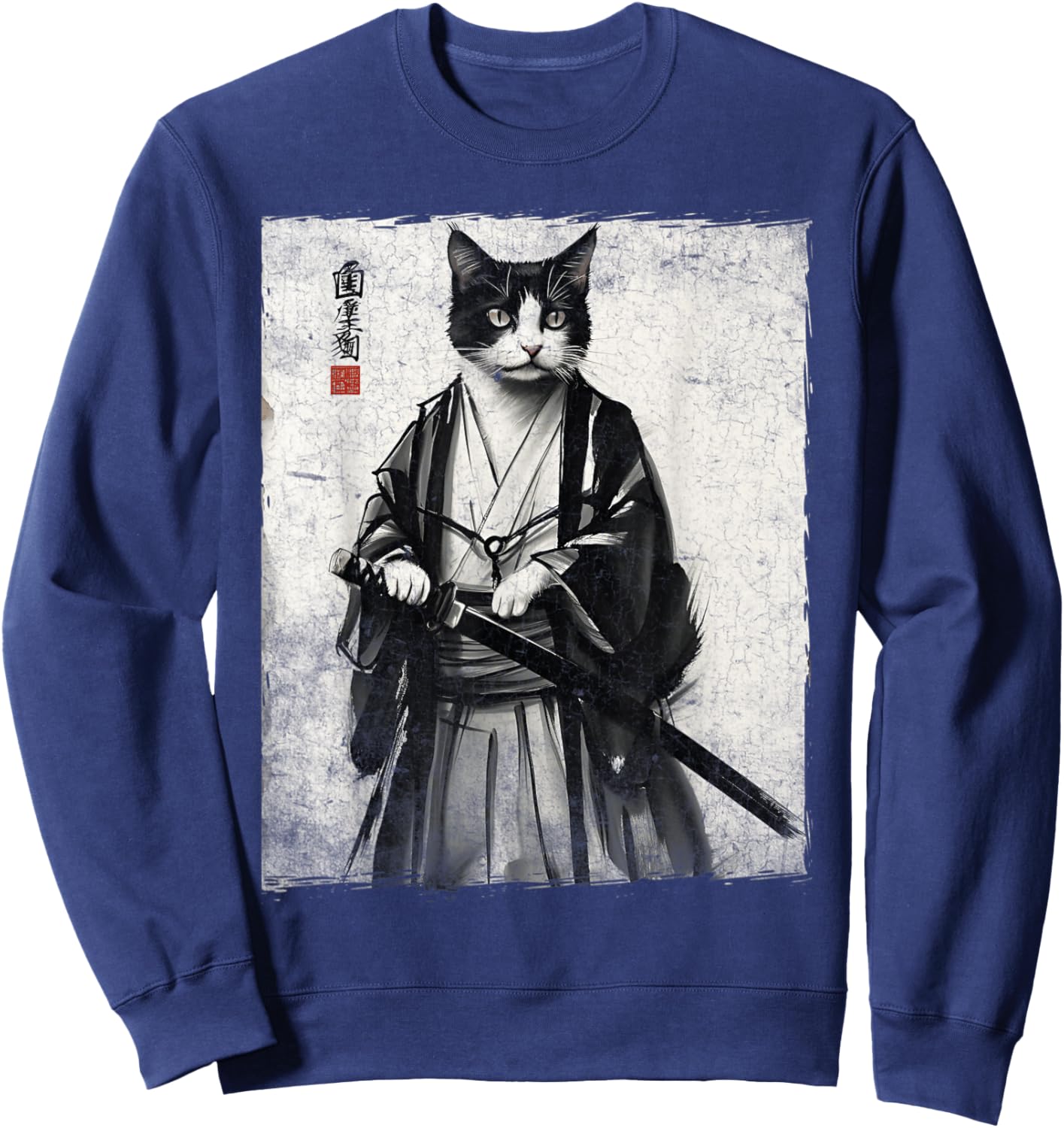 Samurai Cat Ukiyo-e Warrior Art Vintage Ninja Cat Graphic Sweatshirt - Sweatshirt | Navy