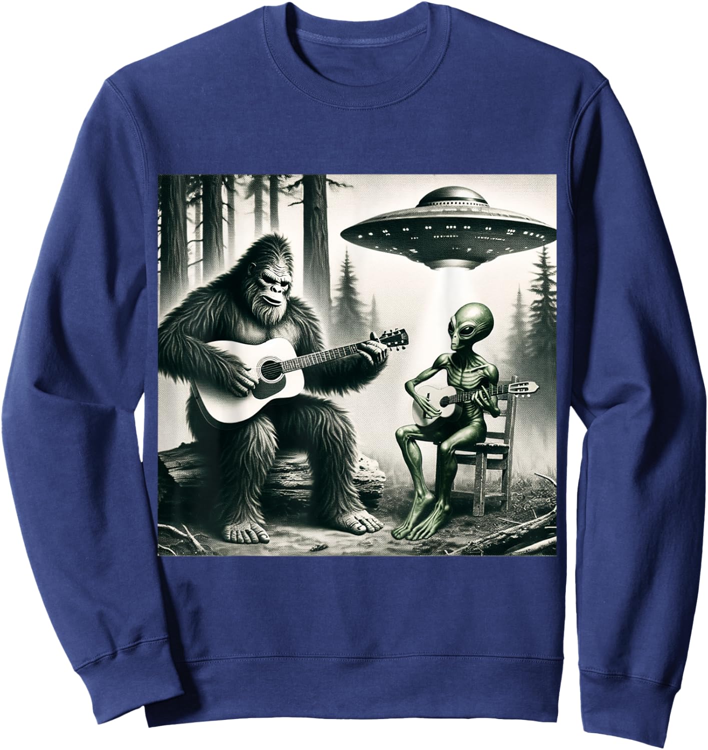 Funny Bigfoot And Alien Playing Electric Guitar. Bigfoot UFO Sweatshirt - Sweatshirt | Navy