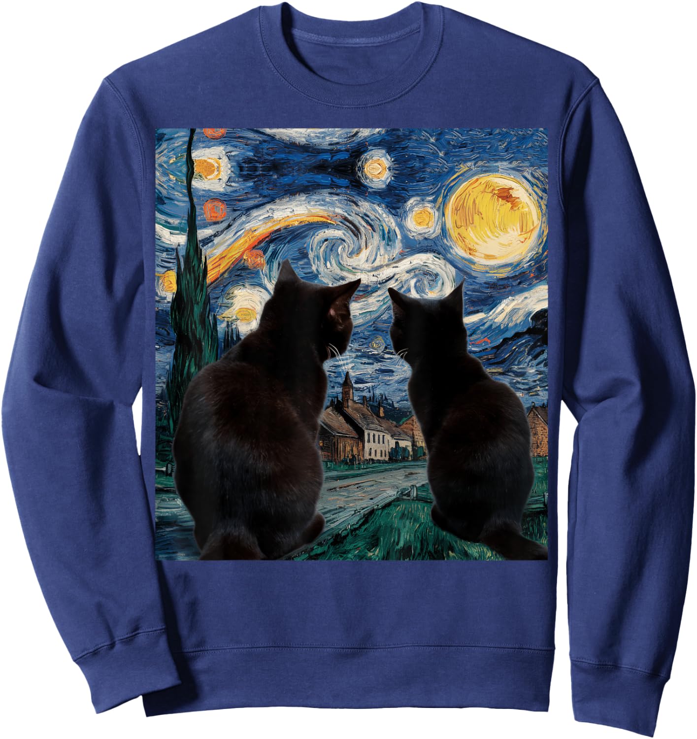 Black Cats Starry Night Van Gogh Cat Lover Men Women Girls Kids Sweatshirt - Sweatshirt | Navy