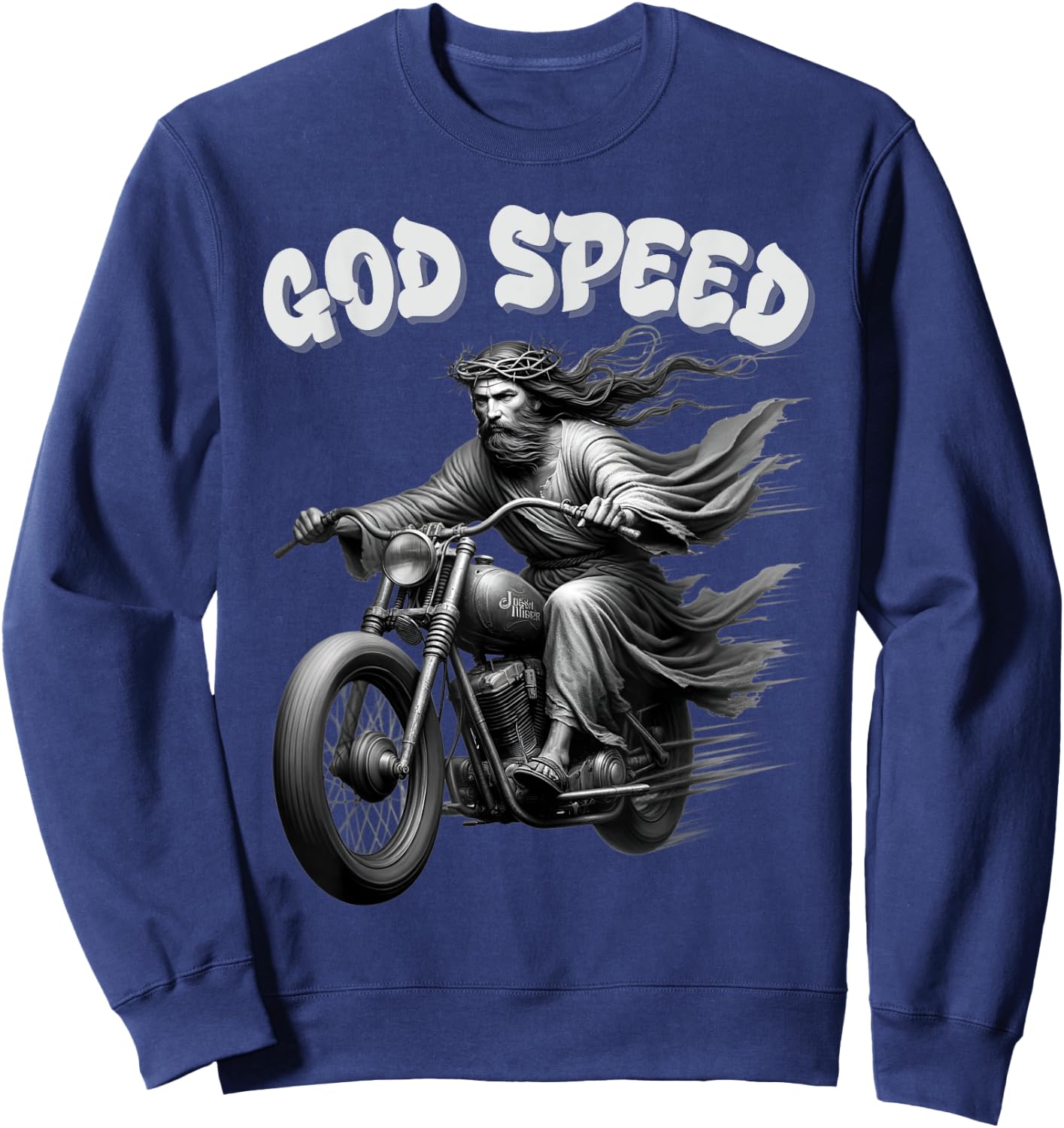 God speed Jesus on a Motorcycle Christian humour Sweatshirt - Sweatshirt | Navy
