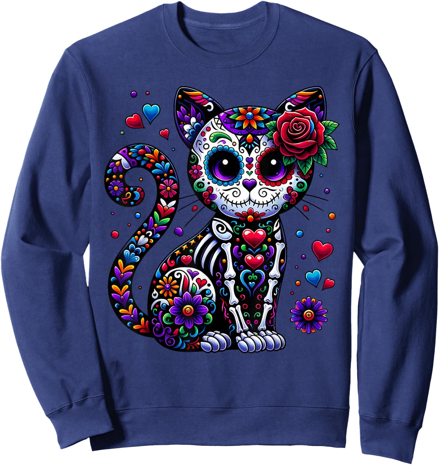 Dia De Los Muertos Cinco De Mayo Cat Sugar Skull Men Women Sweatshirt - Sweatshirt | Navy