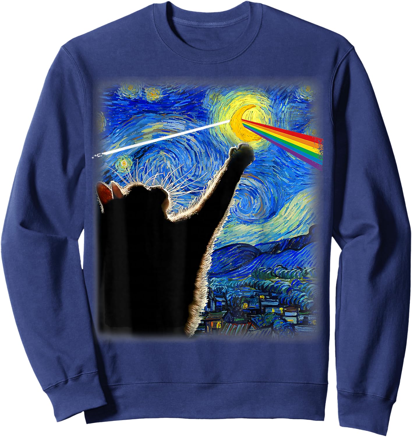 Cat Rock Music Cat Starry Night Van Gogh Art Funny Cat Gifts Women Kids Sweatshirt - Sweatshirt | Navy