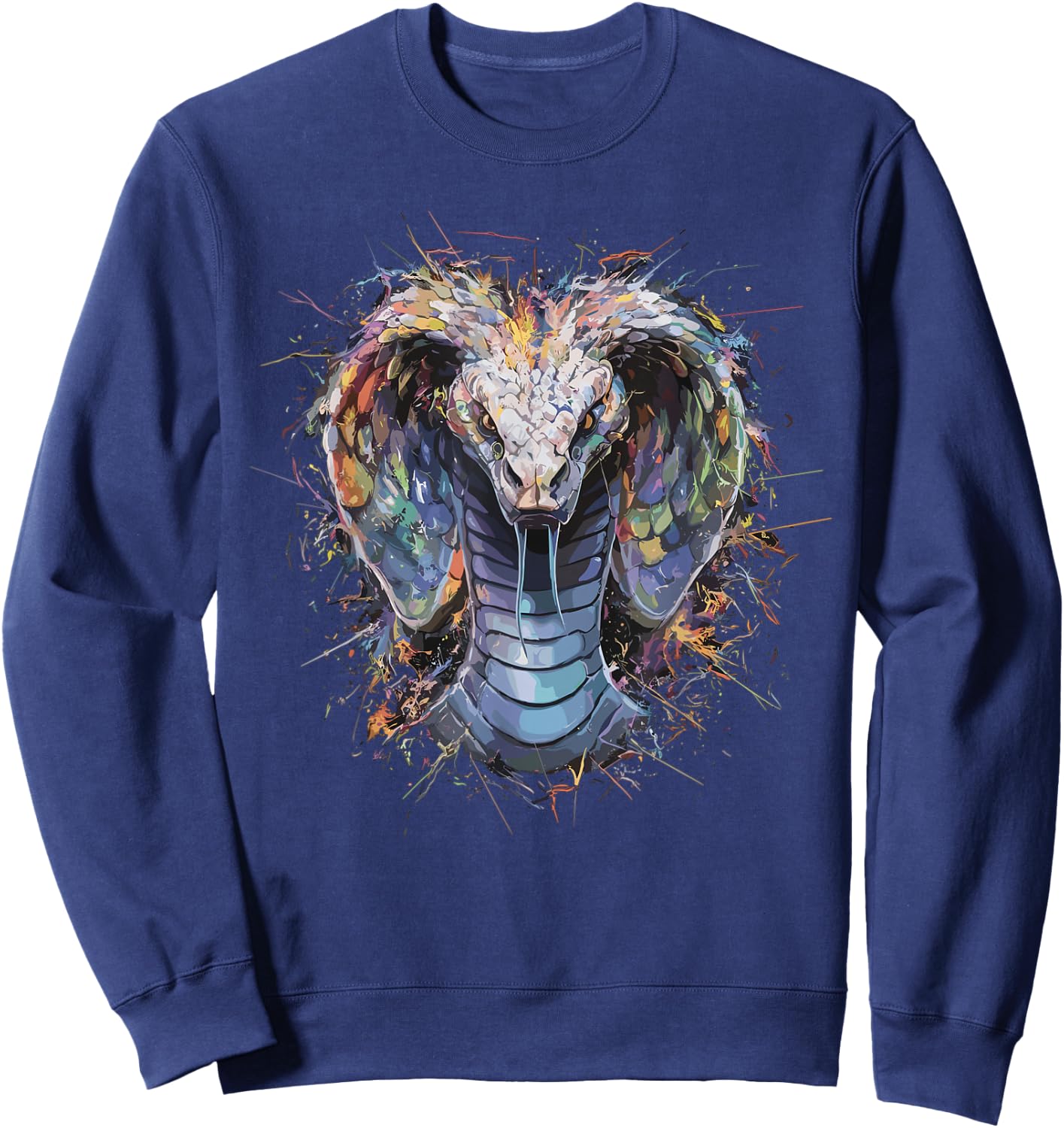 Colorful Paint Splash Menacing Cobra Snake Art Graphic Sweatshirt - Sweatshirt | Navy