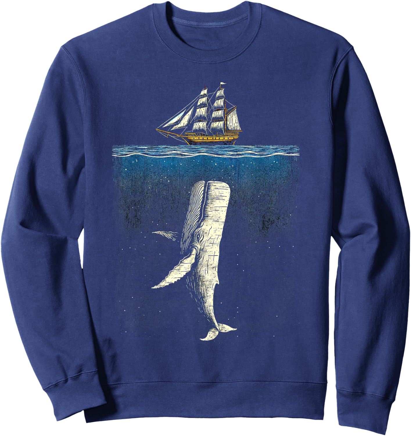 Moby Dick Inspired Threatening Whale and Ship Artwork Sweatshirt - Sweatshirt | Navy
