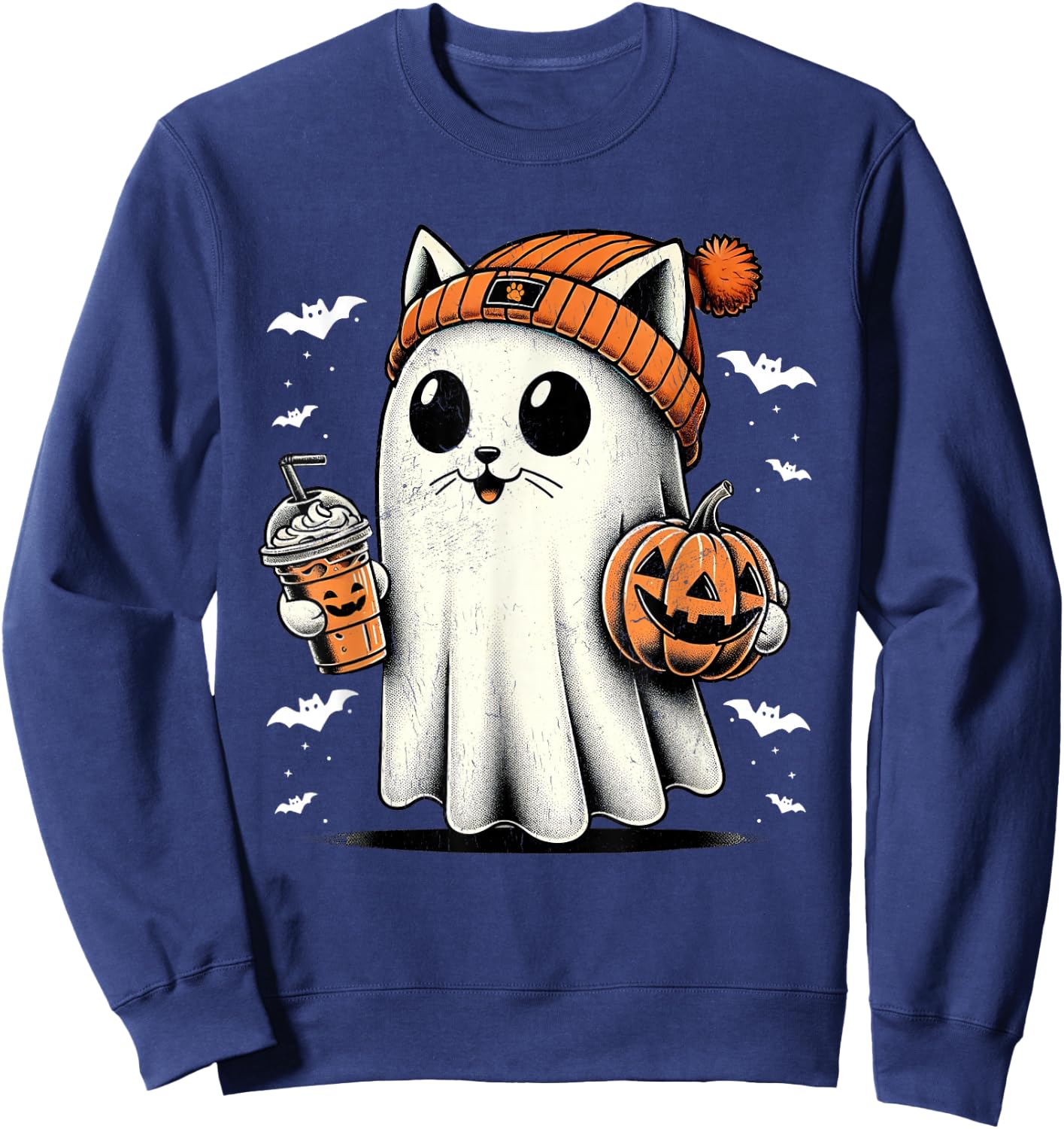 Cute Cat Ghost Iced Coffee Funny Ghost Halloween Ice Coffee Sweatshirt - Sweatshirt | Navy