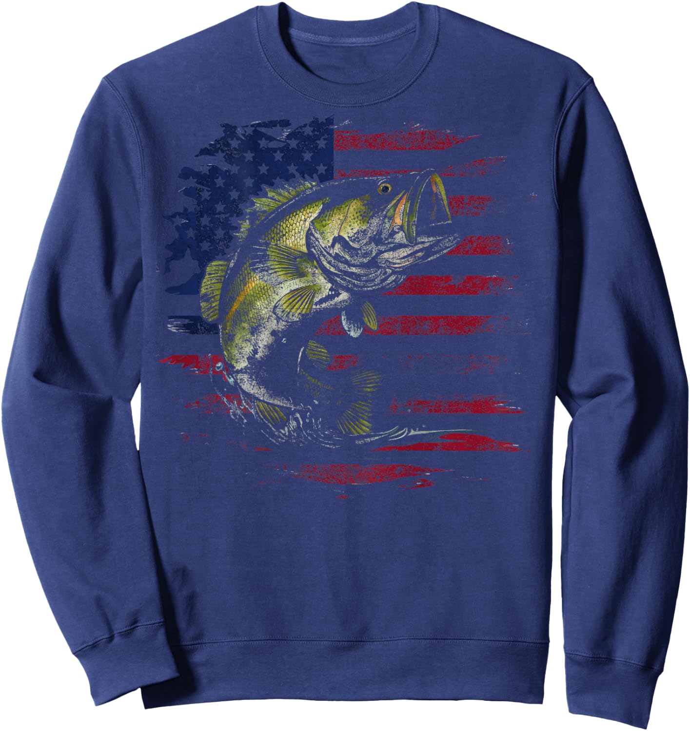 American Flag Camo Bass Fish Fishing Fisherman (on back) Sweatshirt - Sweatshirt | Navy
