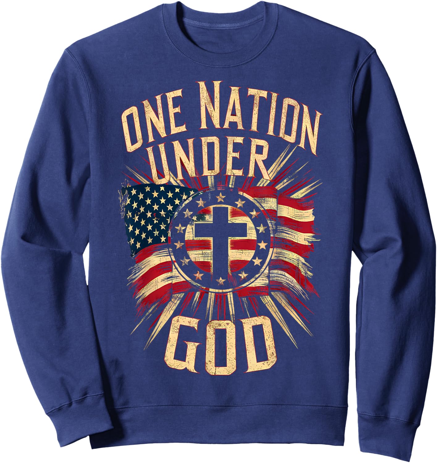 One Nation Under God Christian Patriotic American Flag Sweatshirt - Sweatshirt | Navy