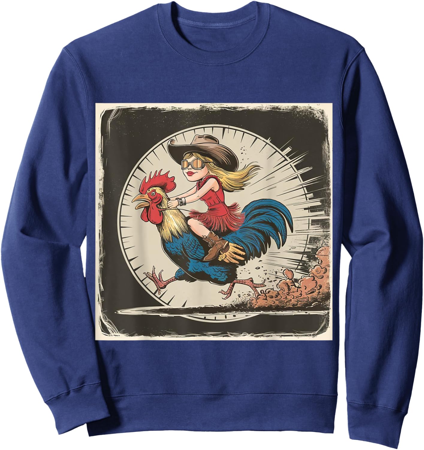 Funny Vintage Distressed Cowgirl Riding Chicken Rooster Sweatshirt - Sweatshirt | Navy