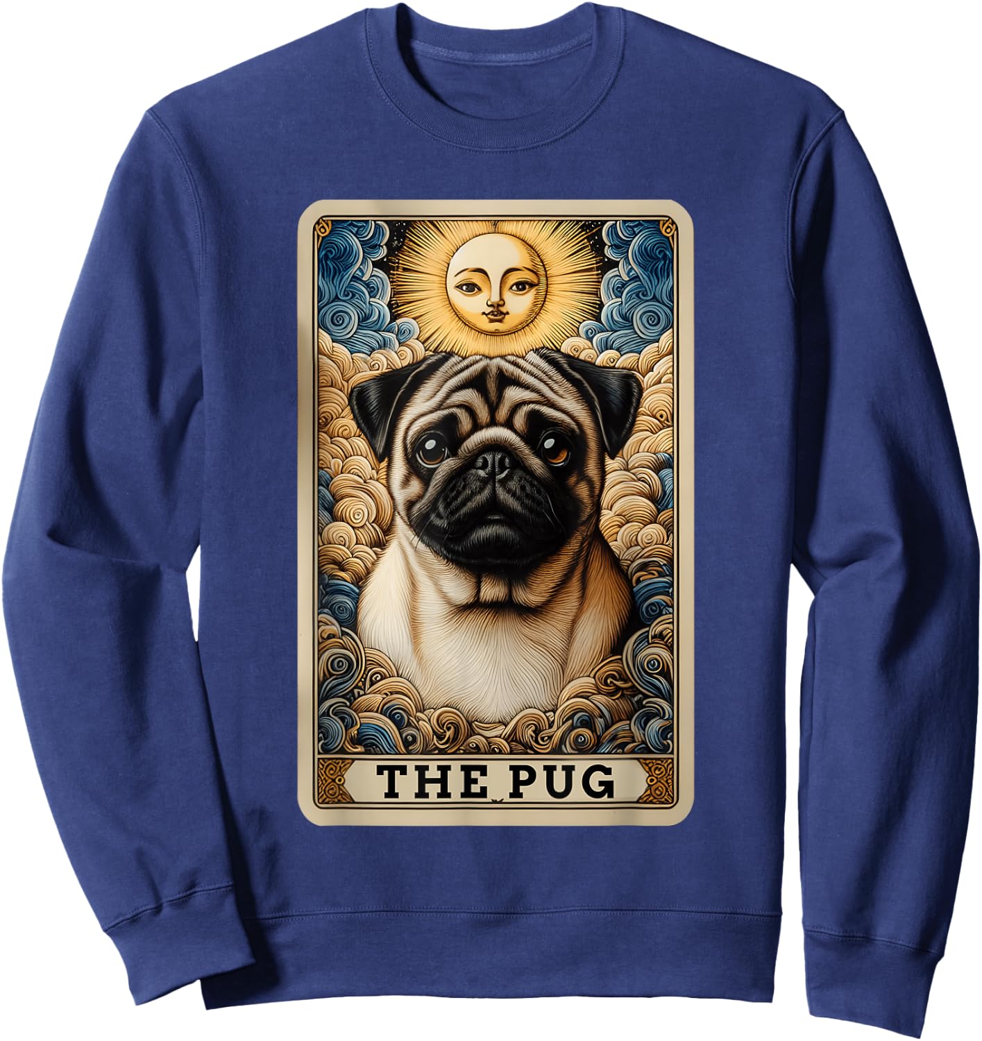 The Pug Tarot Card Dog Pug Dogs -Adult , Black, Small, Short Sleeve, Cartoon Dog Theme, Casual, Playful Sweatshirt - Sweatshirt | Navy