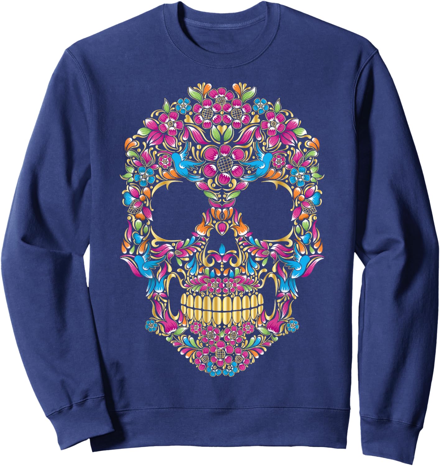 Colourful sugar skulls with flowers and birds | Camiseta Sweatshirt - Sweatshirt | Navy