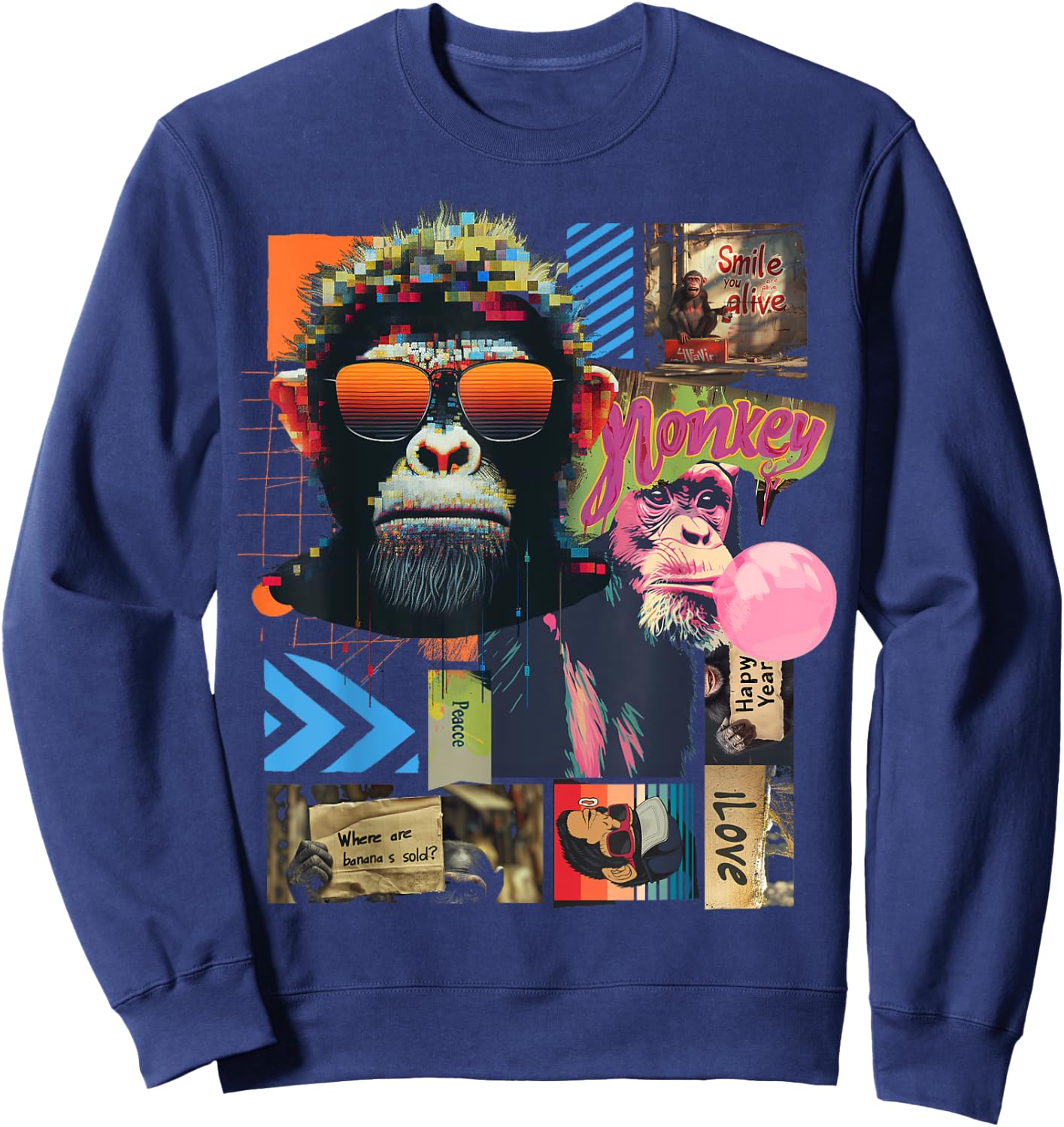 Monkey | Frontprint | Art Graphic Animal Artwork Monkey Sweatshirt - Sweatshirt | Navy
