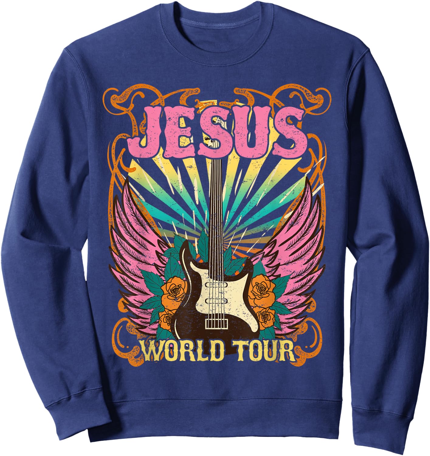 Jesus World Tour Retro 70s 80s Rock Concert Guitar Christian Sweatshirt - Sweatshirt | Navy