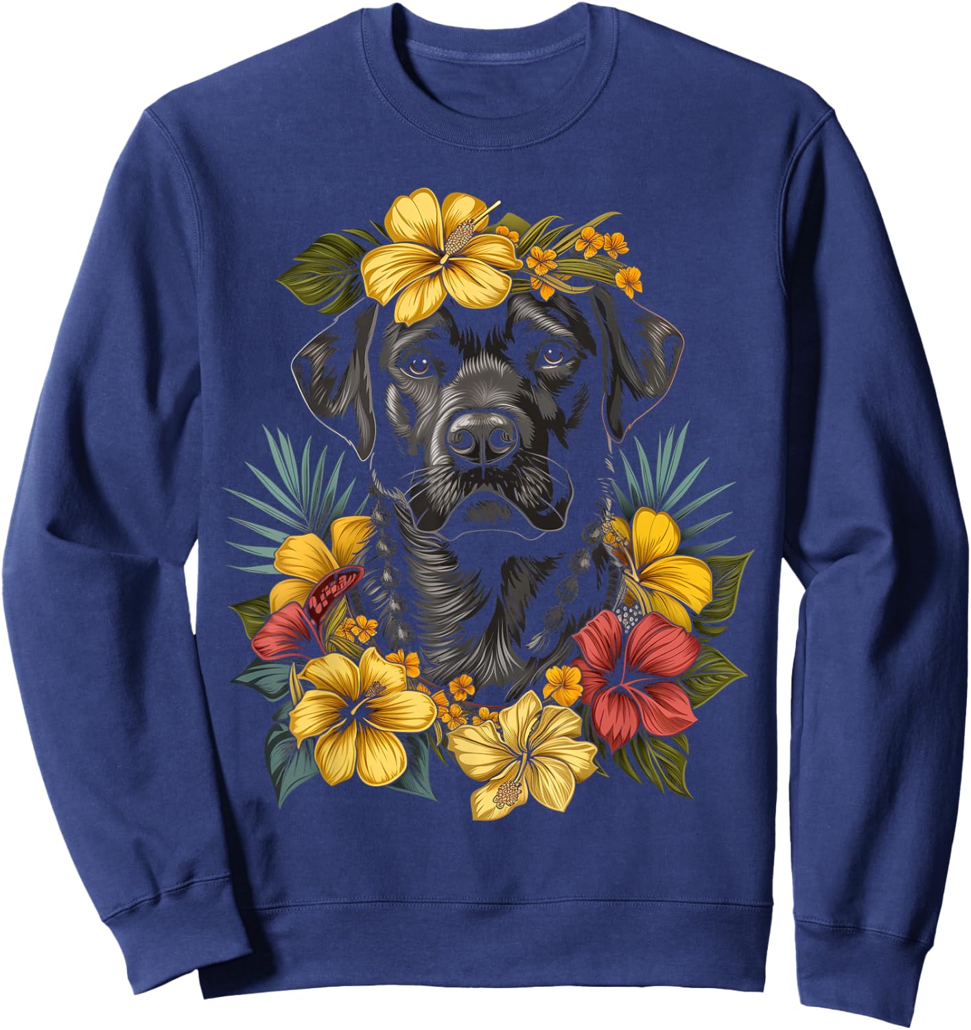 Labrador Hawaiian Flowers Hibiscus Hula Hawaii Black Lab Dog Women Kids Sweatshirt - Sweatshirt | Navy