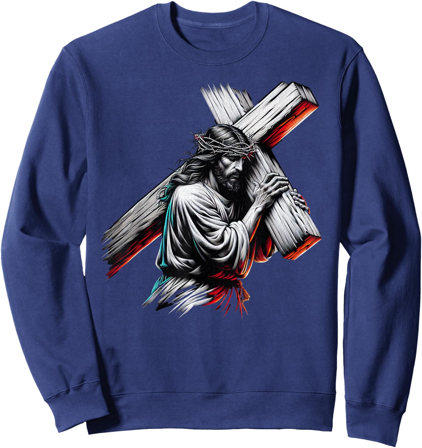 Jesus Christ of Nazareth Carrying the Cross, Crown of Thorns Sweatshirt - Sweatshirt | Navy