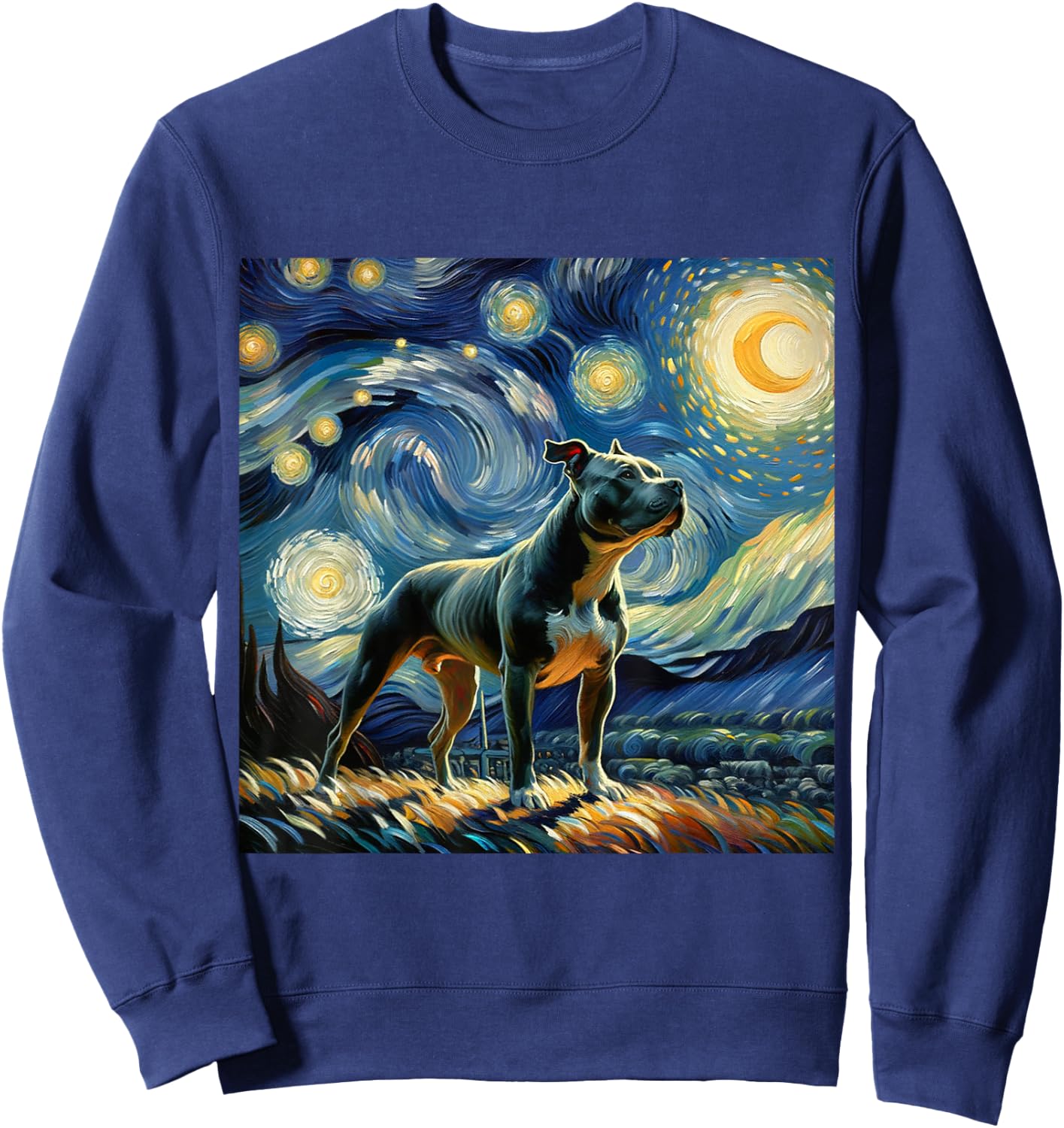 Pitbull Starry Night Shirt Vincent Van Gogh Art Dog Sweatshirt - Sweatshirt | Navy