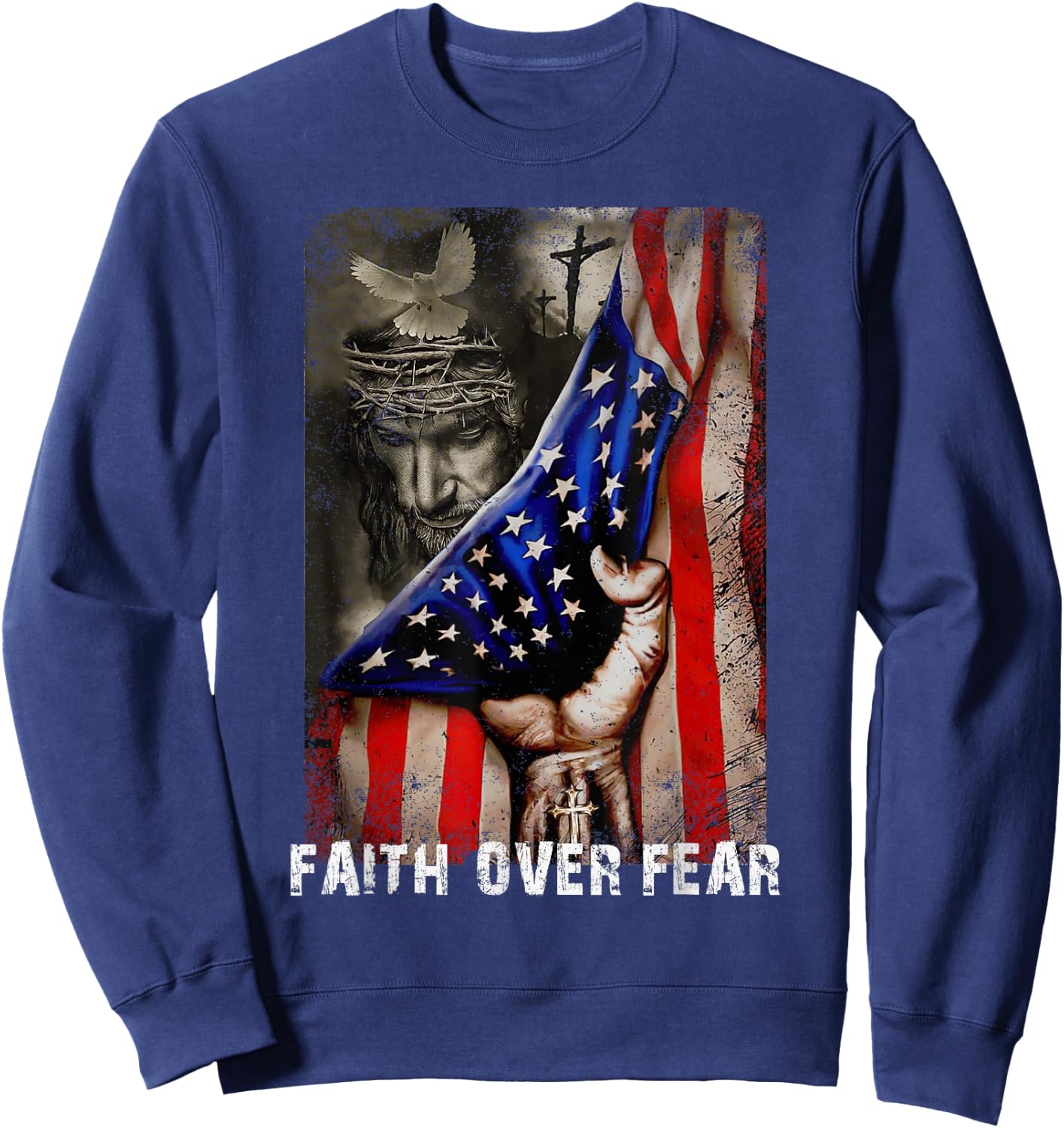 Vintage Faith Over Fear God Jesus Christian Flag 4th Of July Kids Men Sweatshirt - Sweatshirt | Navy
