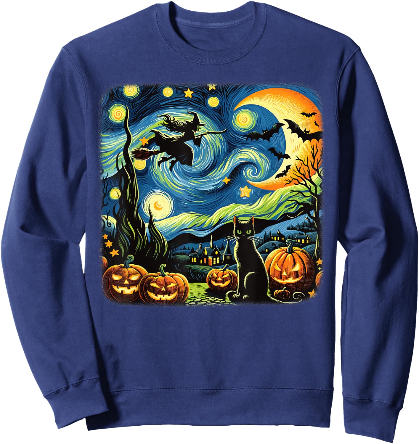 Halloween Witch Van Gogh Starry Night Black Cat Pumpkin Bats Sweatshirt - Sweatshirt | Navy