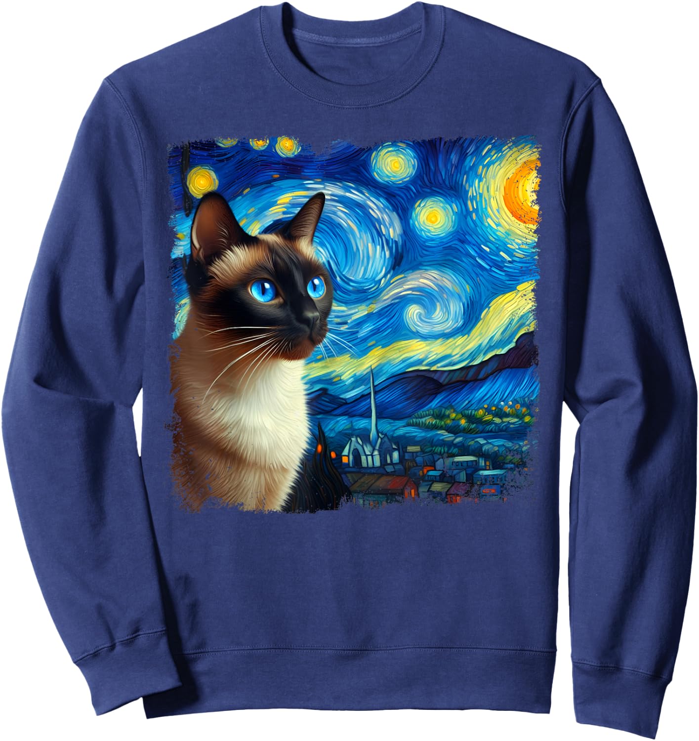 Funny Cute Siamese Cat Starry Night Van Gogh Painting Sweatshirt - Sweatshirt | Navy