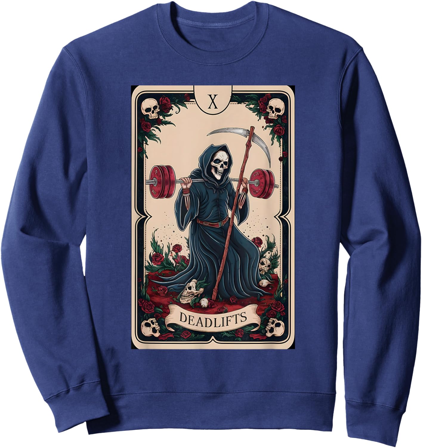 Tarot Card Grim Reaper Deadlifts Workout Gym Occult Reader Sweatshirt - Sweatshirt | Navy