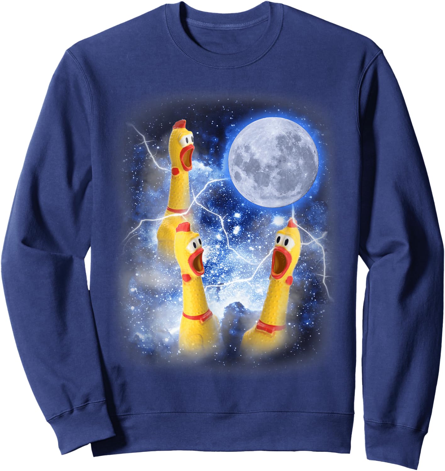 Three Rubber Chicken Moon Funny Screaming Fowl Cursed Joke Sweatshirt - Sweatshirt | Navy