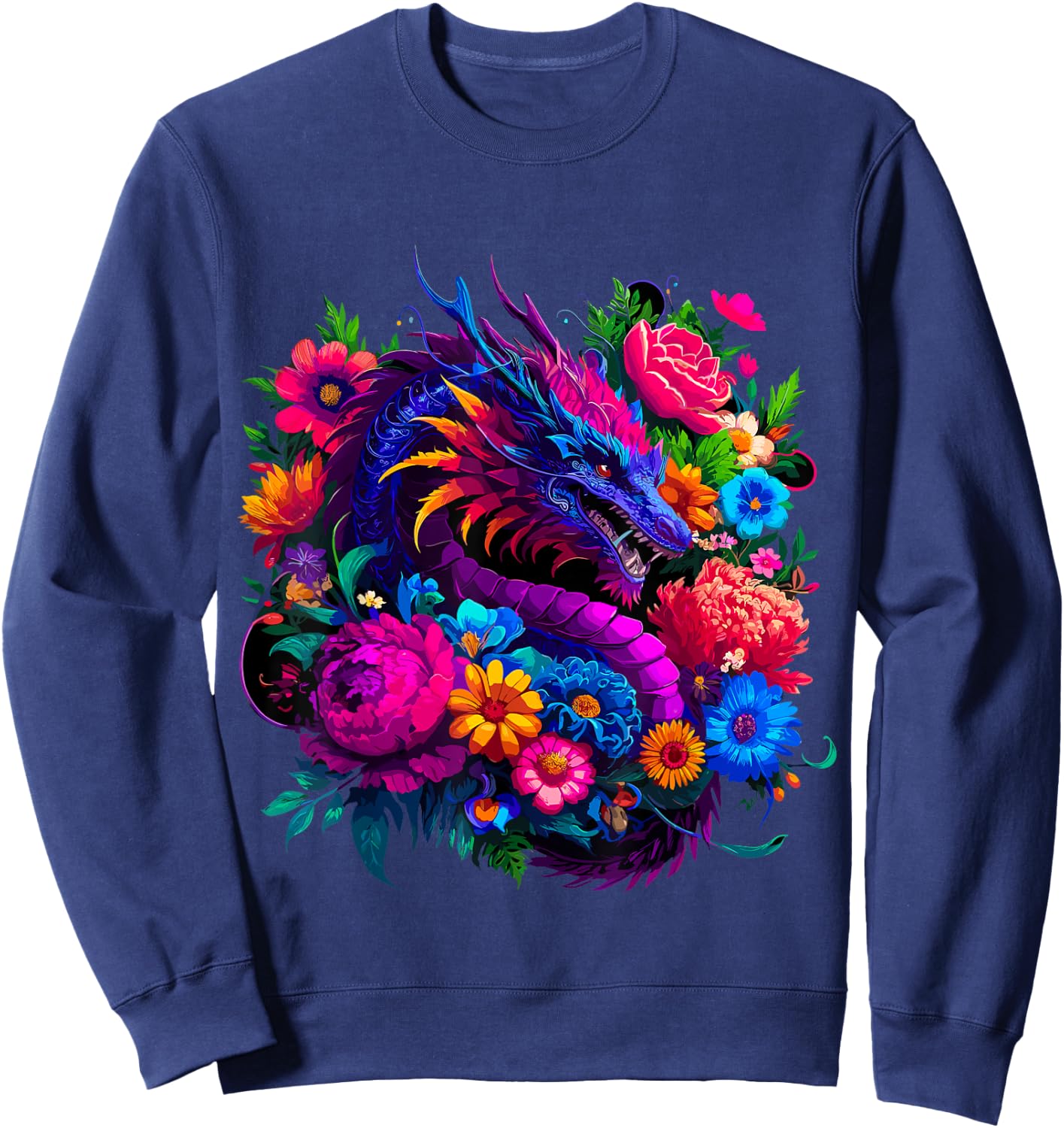 Floral Dragon , Small, Black Sweatshirt - Sweatshirt | Navy