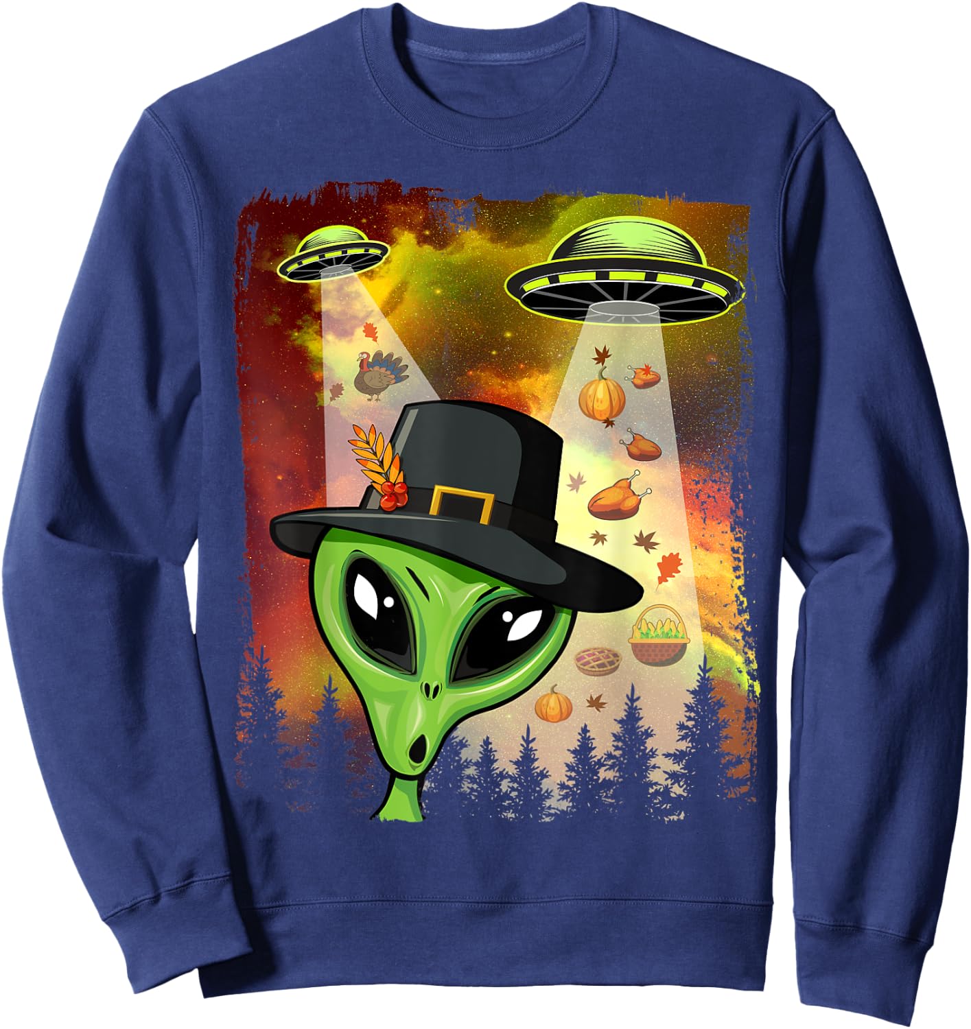 Alien Thanksgiving Invasion Funny UFO Holiday Graphic Sweatshirt - Sweatshirt | Navy