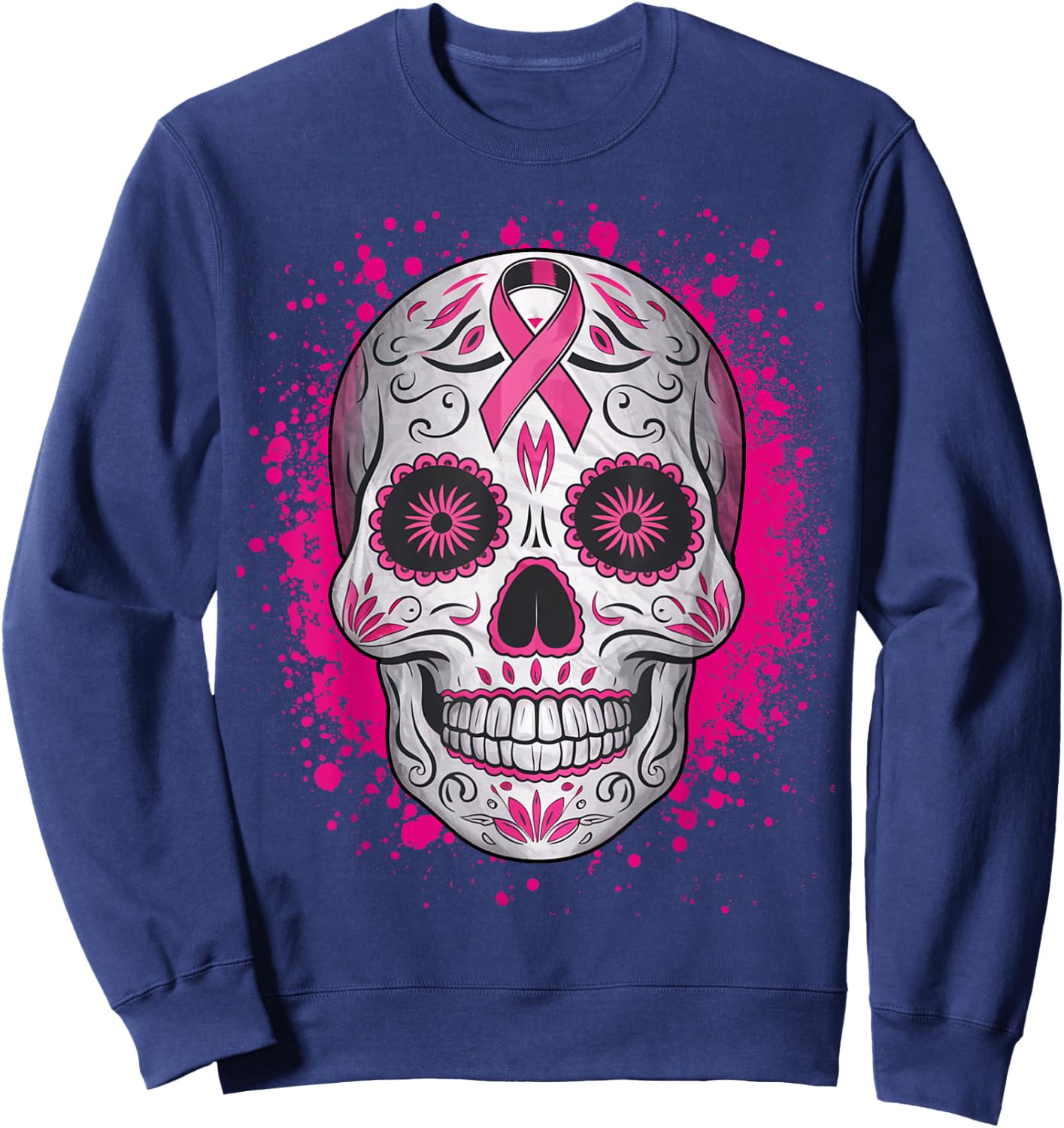 Sugar Skull Breast Cancer Shirts Awareness 2025 Pink Ribbon Sweatshirt - Sweatshirt | Navy