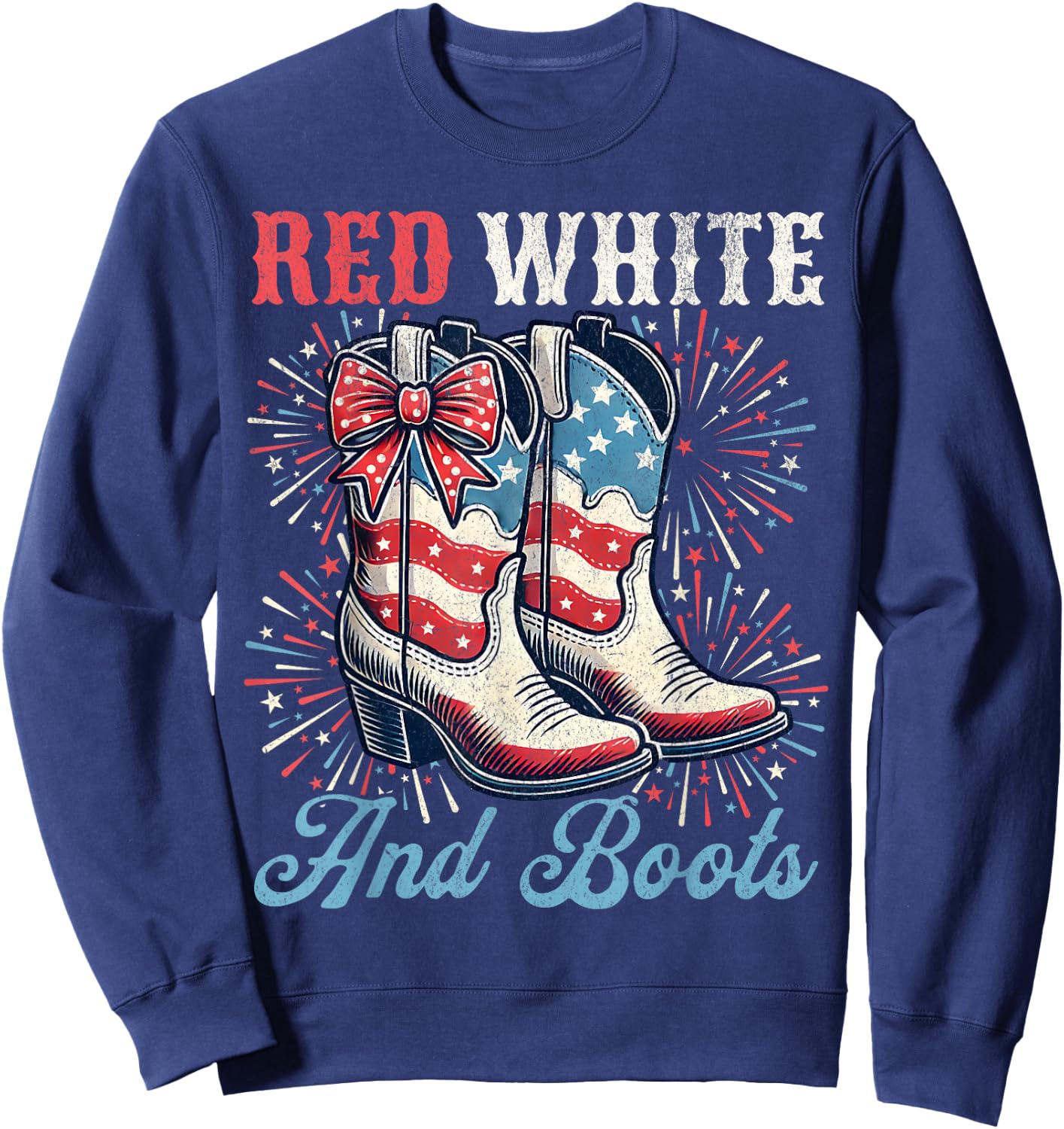 Red White And Boots Cute Coquette Cowgirl Independence Day Sweatshirt - Sweatshirt | Navy