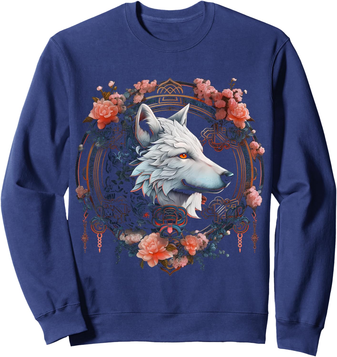 Wolf Flowers - Animal Lovers Animal Art Motif Wolf Sweatshirt - Sweatshirt | Navy