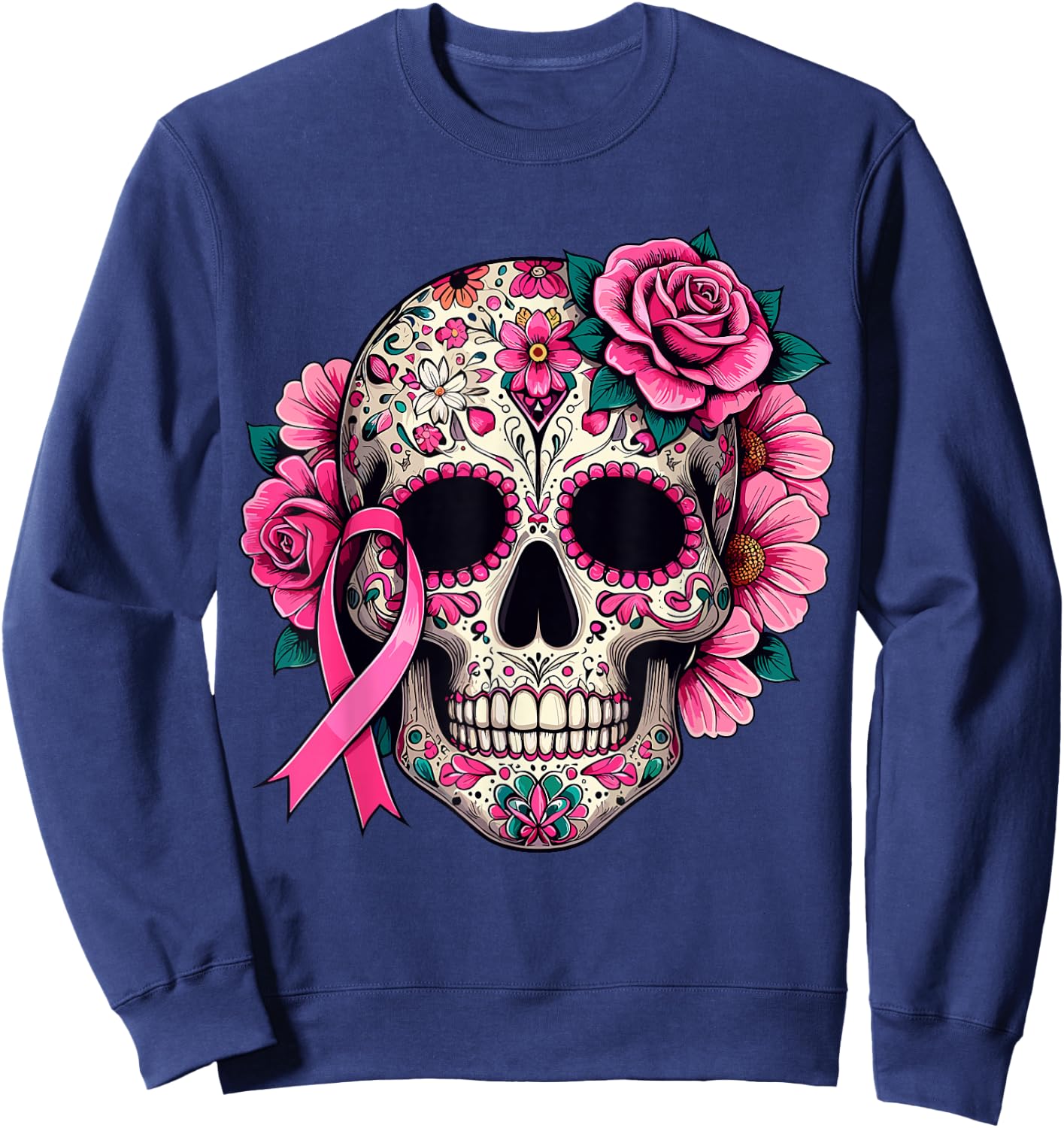 Sugar Skull Pink Ribbon Calavera Breast Cancer Awareness Sweatshirt - Sweatshirt | Navy