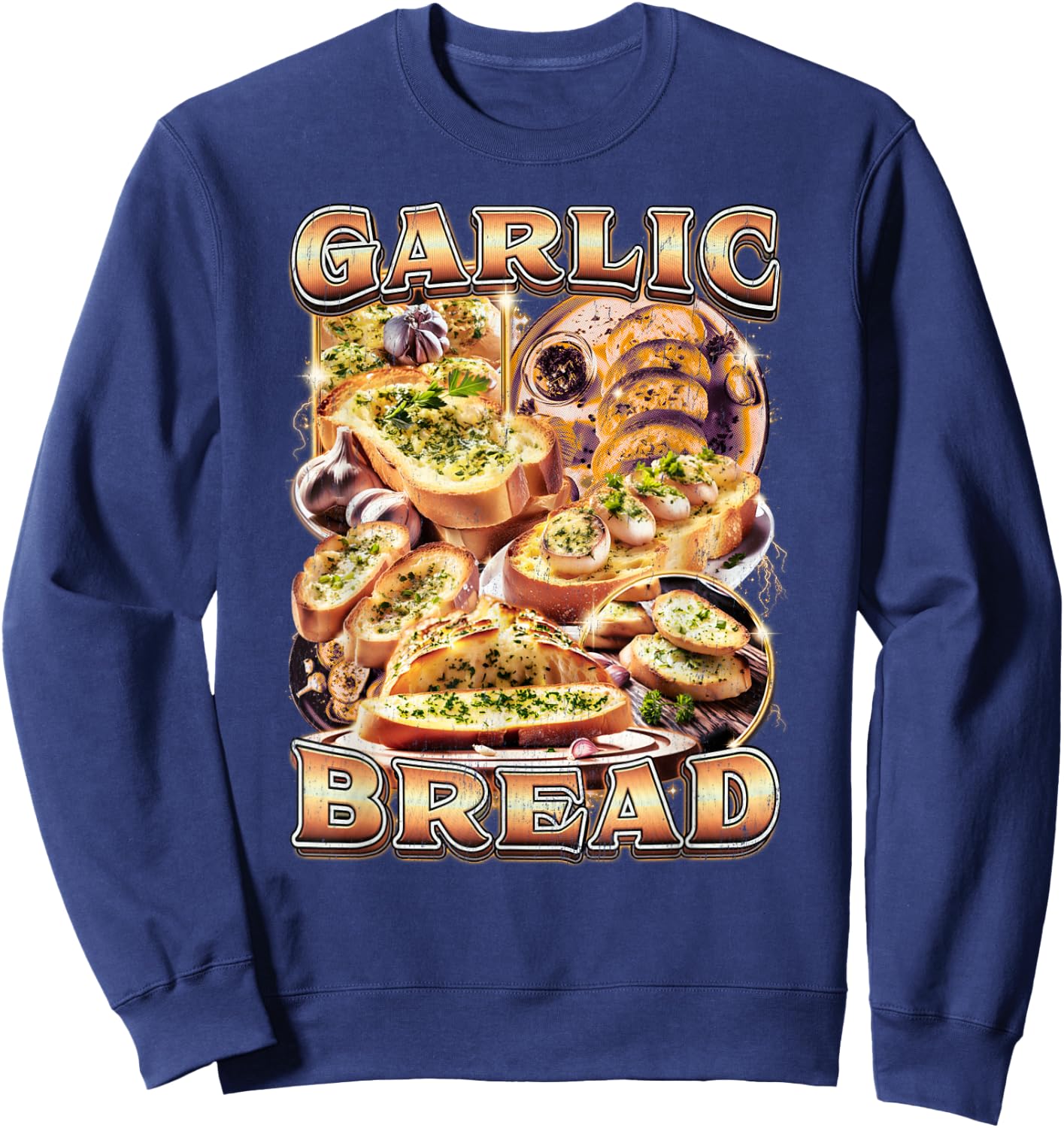 Bootleg Rap Style Garlic Bread Meme Food Ironic Vintage 90s Sweatshirt - Sweatshirt | Navy