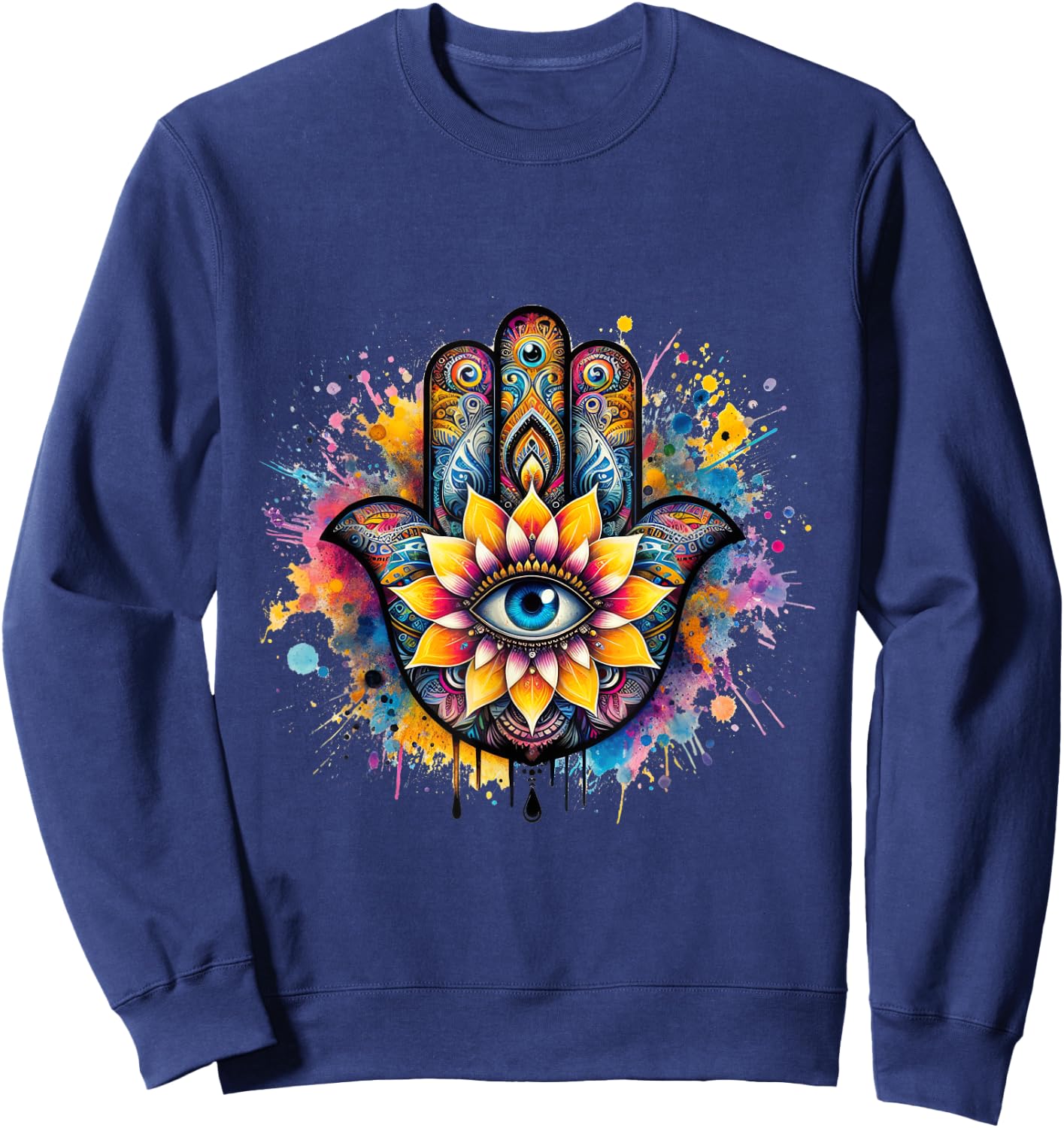 Beautiful Hamsa Hand Colorful with Fatima Eye and Lotus Sweatshirt - Sweatshirt | Navy