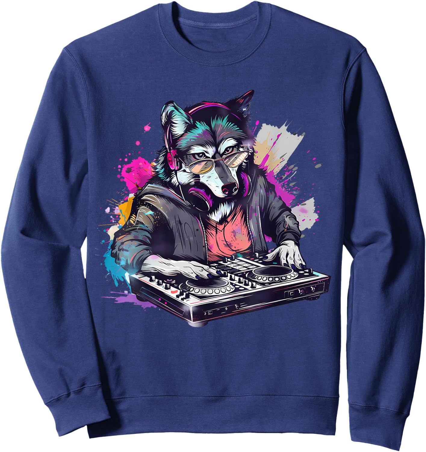Wolf DJ Techno Turntable DJ Wolf Dance Music Producer EDM Sweatshirt - Sweatshirt | Navy