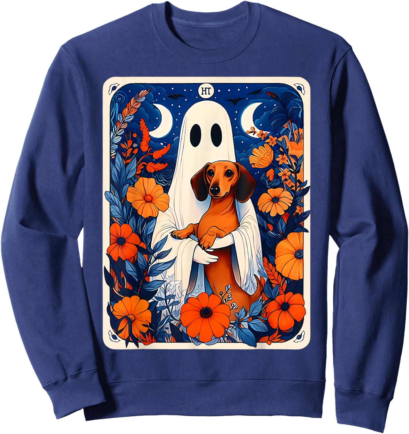 Ghost Holding Dachshund Spooky Tarot Card Fall Halloween Sweatshirt - Sweatshirt | Navy