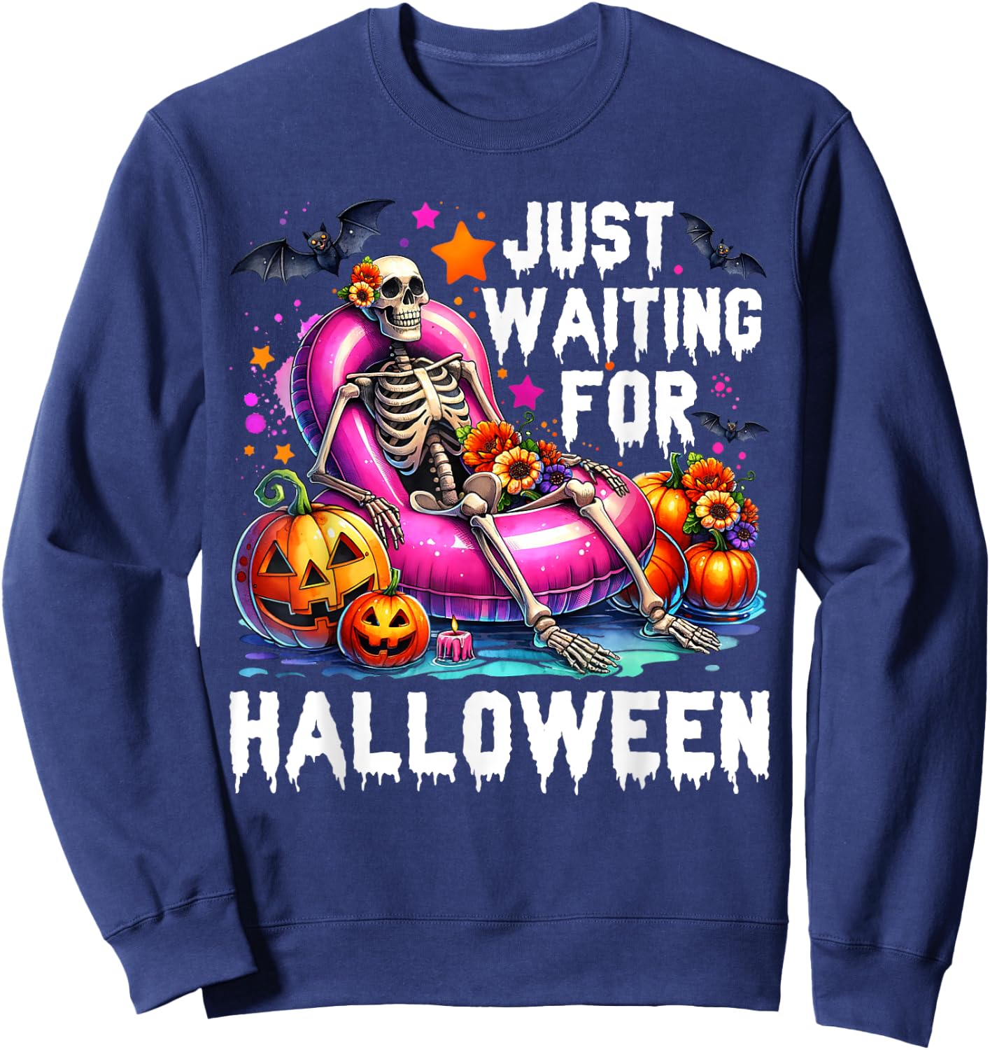Funny Just Waiting For Halloween Skeleton Spooky Vibe Summer Sweatshirt - Sweatshirt | Navy