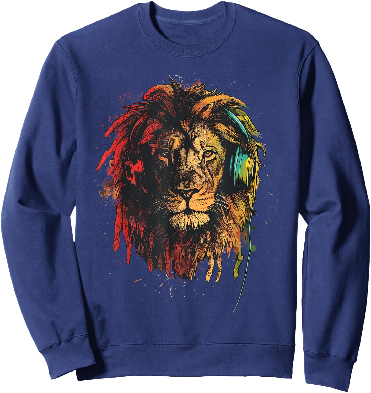 Rasta & Reggae Music, Lion With Headphones, Jamaican Pride Sweatshirt - Sweatshirt | Navy