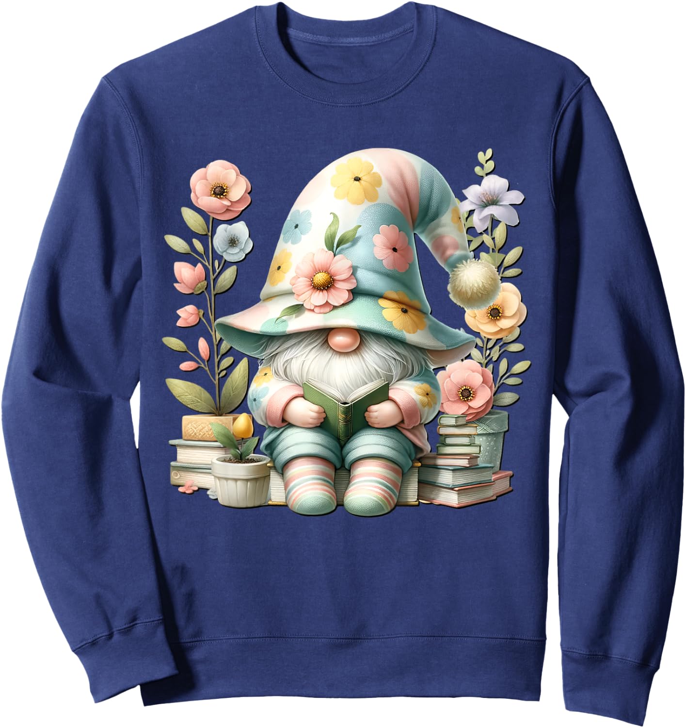 Book Reading Themed Retired Gnome Cute Wildflower Sweatshirt - Sweatshirt | Navy