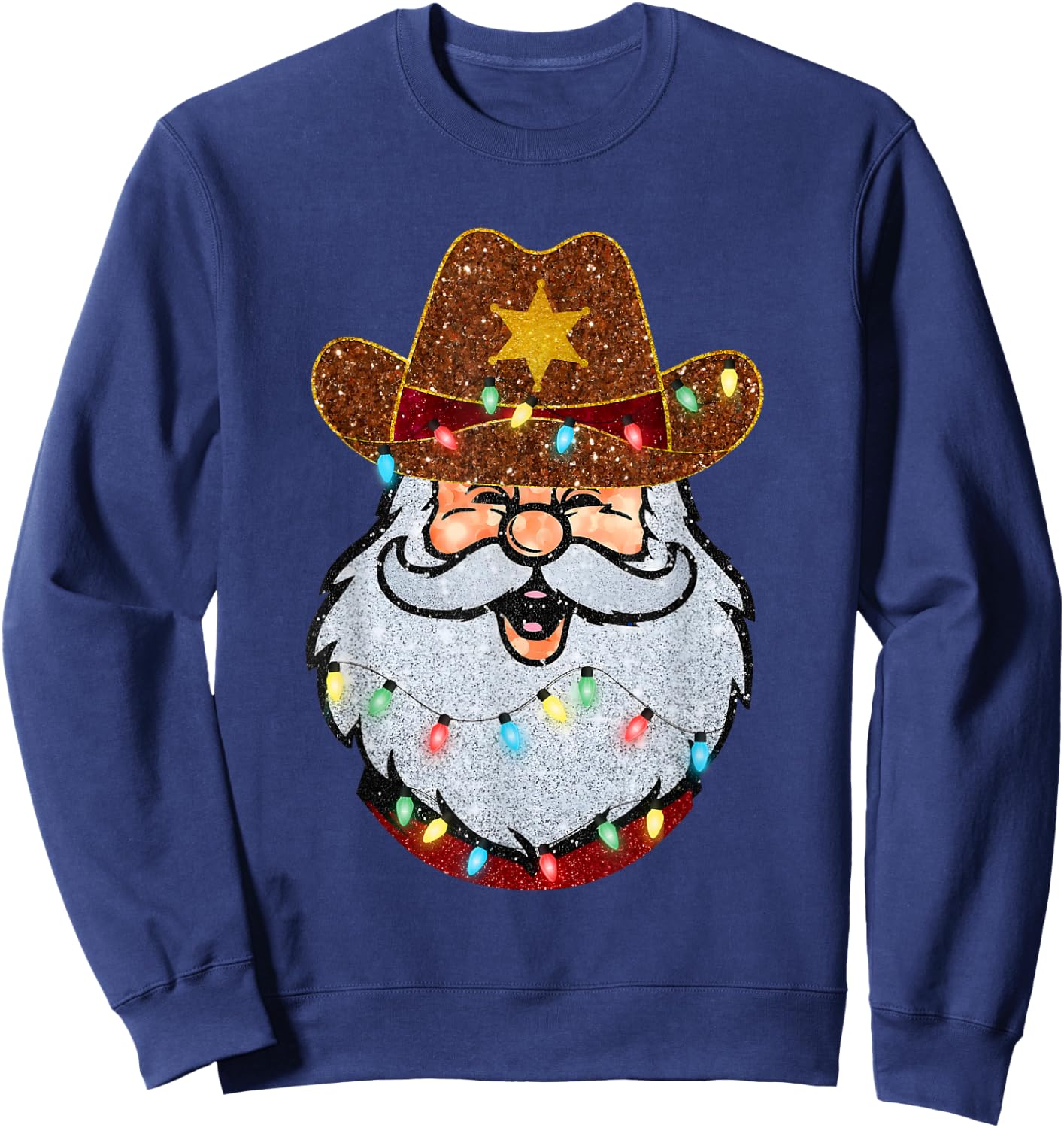 Santa Cowboy Western Christmas Xmas Lights Holiday Pajamas Sweatshirt - Sweatshirt | Navy