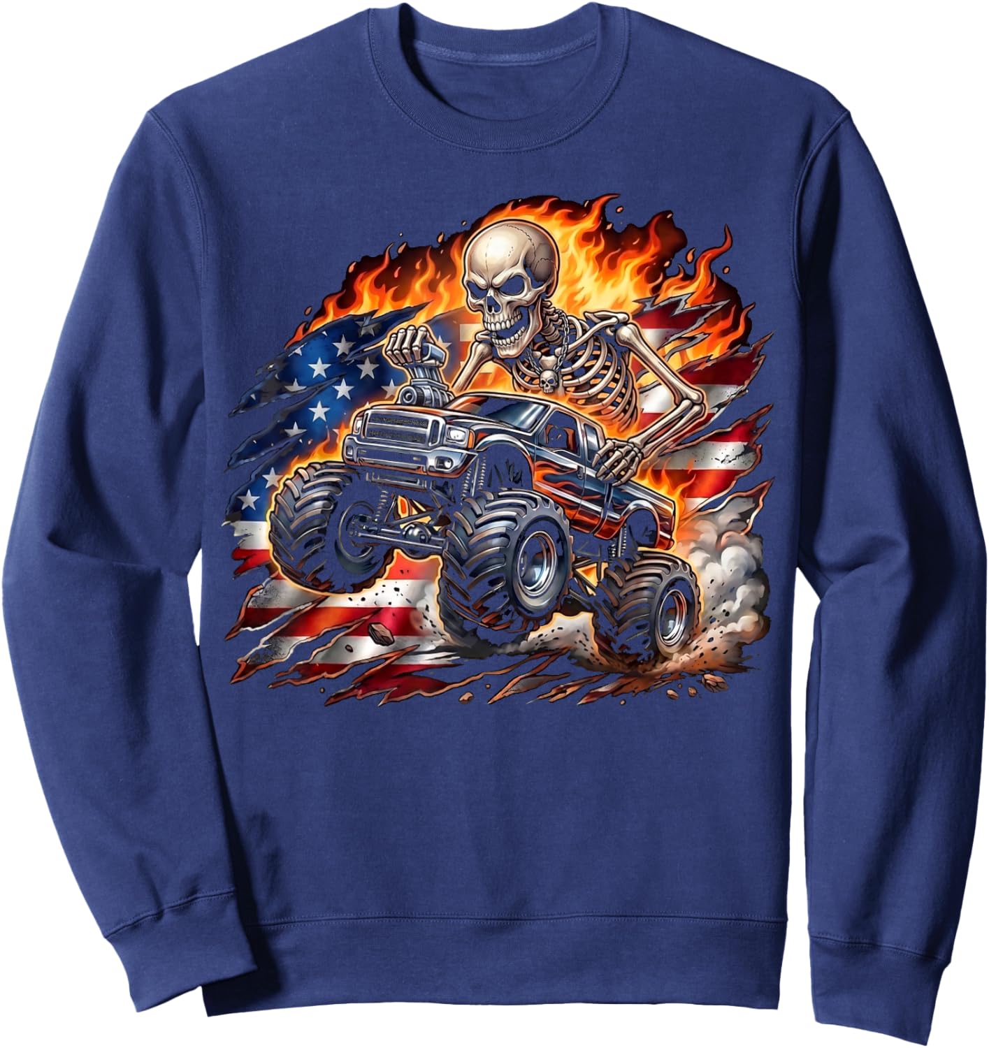 Patriotic Monster Truck Skeleton American Flag 4th of July Sweatshirt - Sweatshirt | Navy