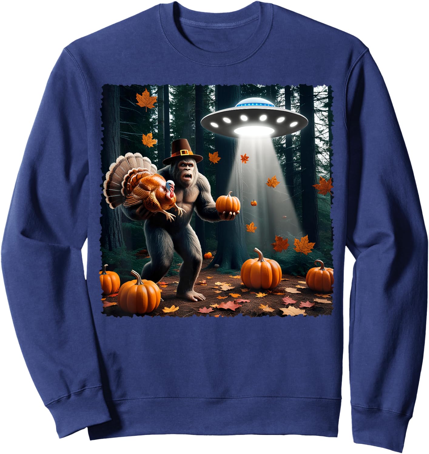 Bigfoot Sasquatch Turkey UFOs Funny Thanksgiving Day Pumpkin Sweatshirt - Sweatshirt | Navy