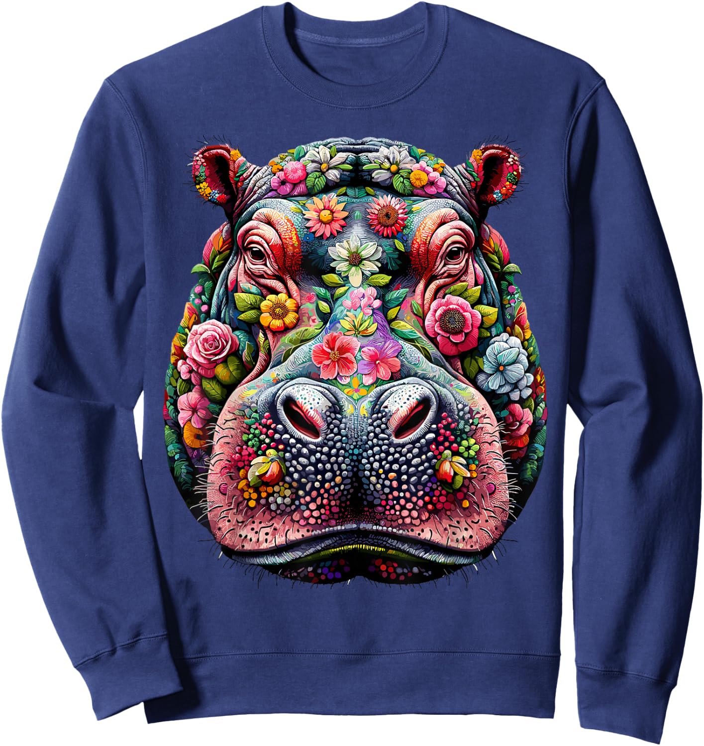 Floral Aesthetic Hippopotamus Lover Shirt Hippo Sweatshirt - Sweatshirt | Navy