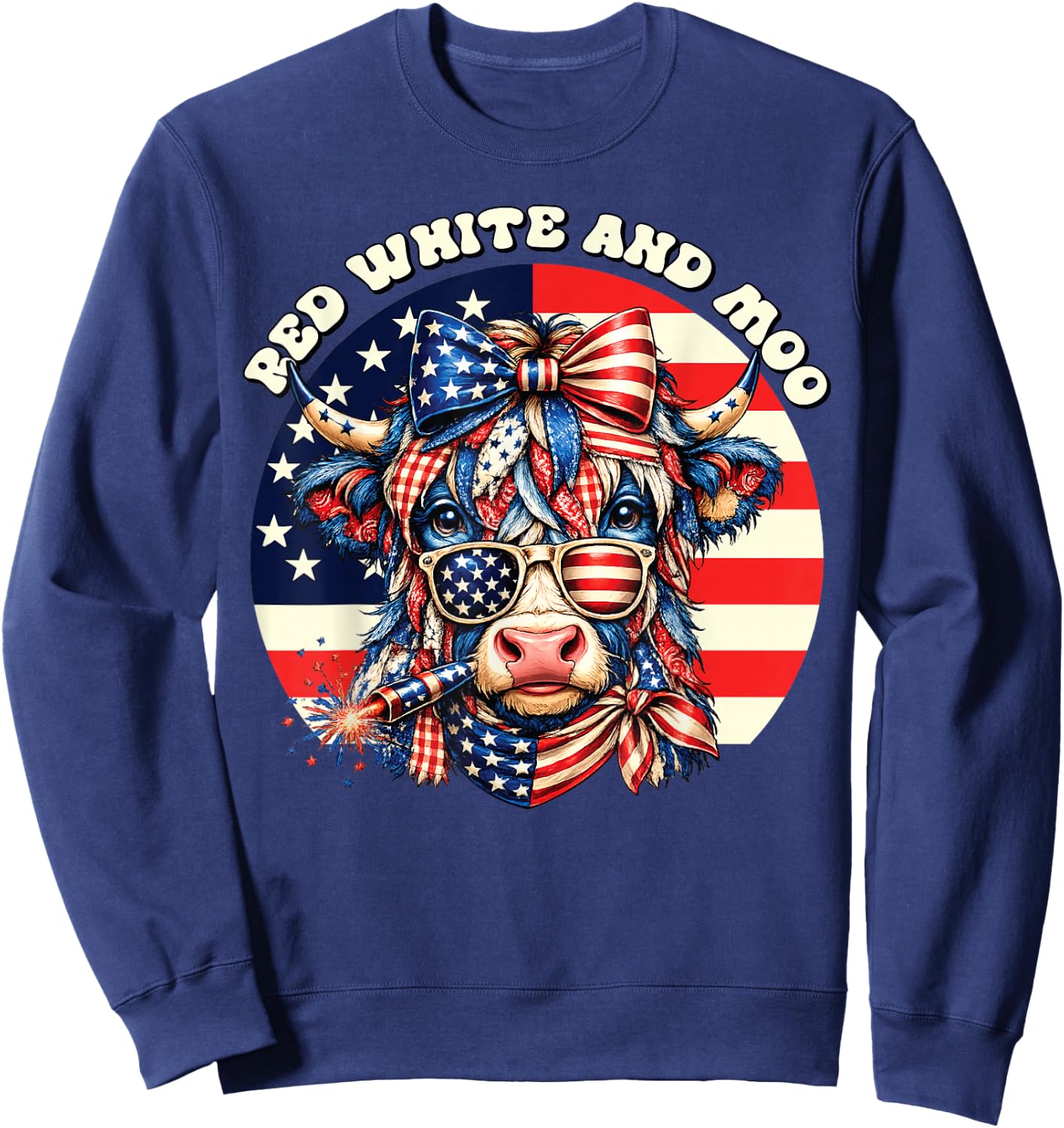 Patriotic Cow USA Flag 4th of July Red and White and Moo Sweatshirt - Sweatshirt | Navy