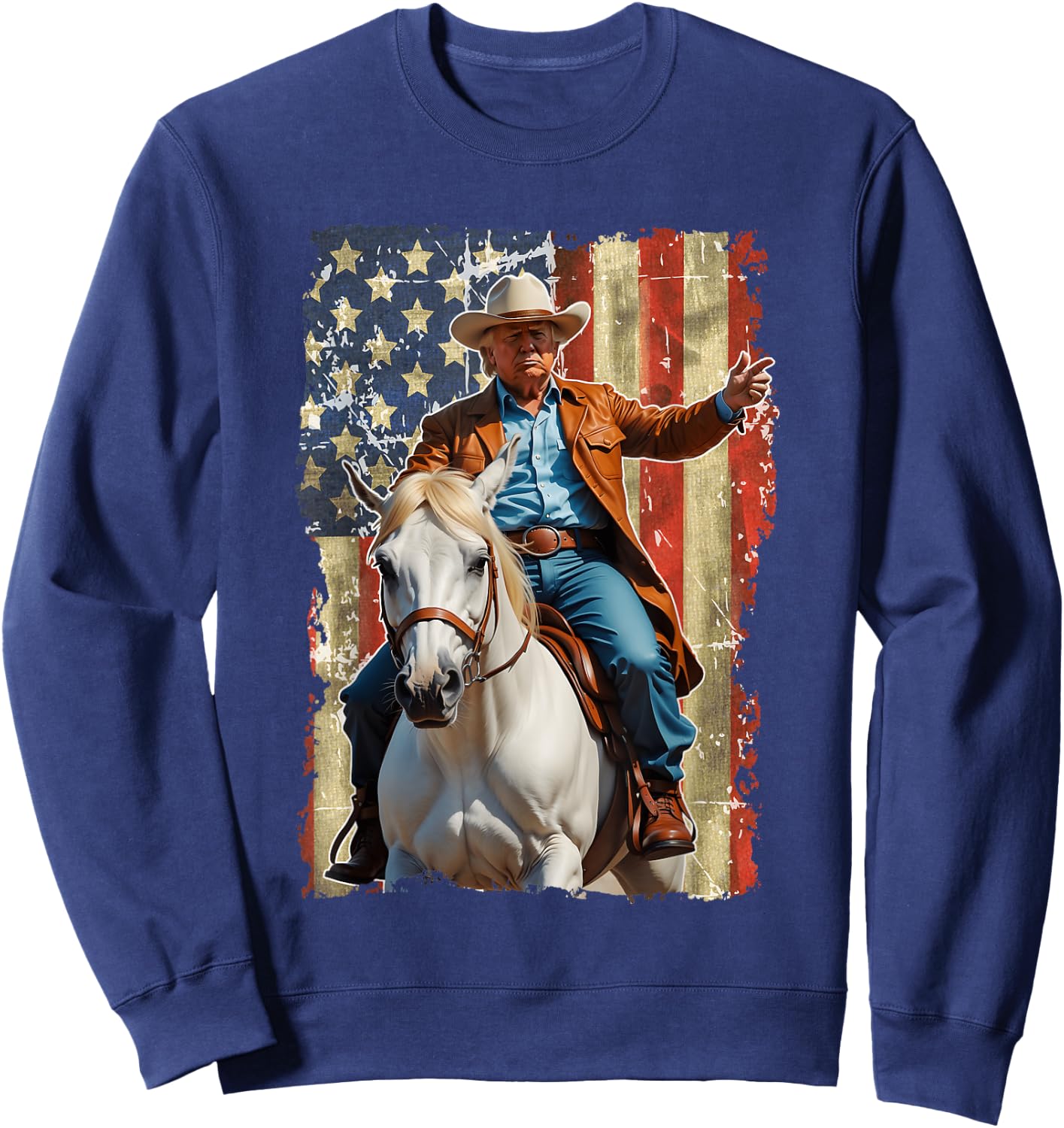 Trump Riding Horse American Flag Cowboy Sweatshirt - Sweatshirt | Navy