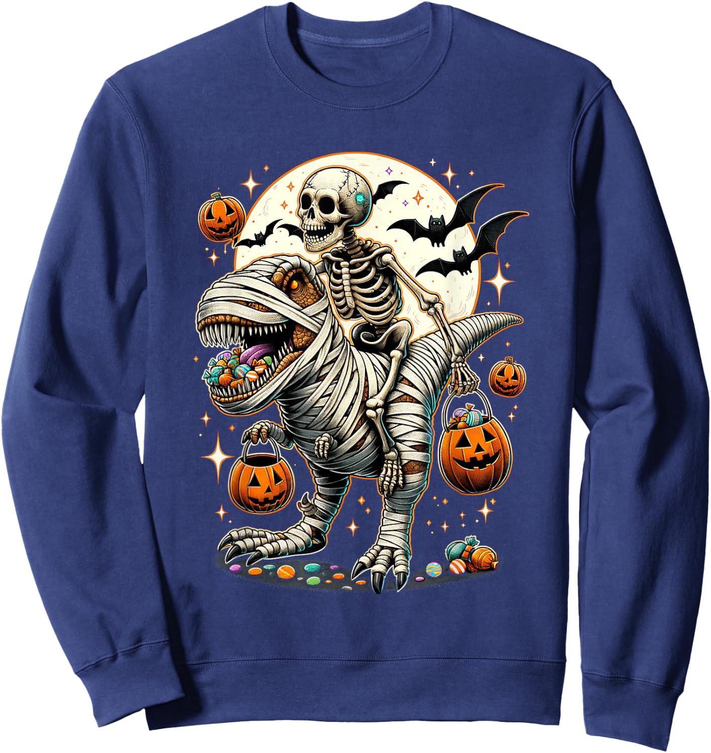 Skeleton Riding Mummy Dinosaur T Rex Kids Boys Men Halloween Sweatshirt - Sweatshirt | Navy