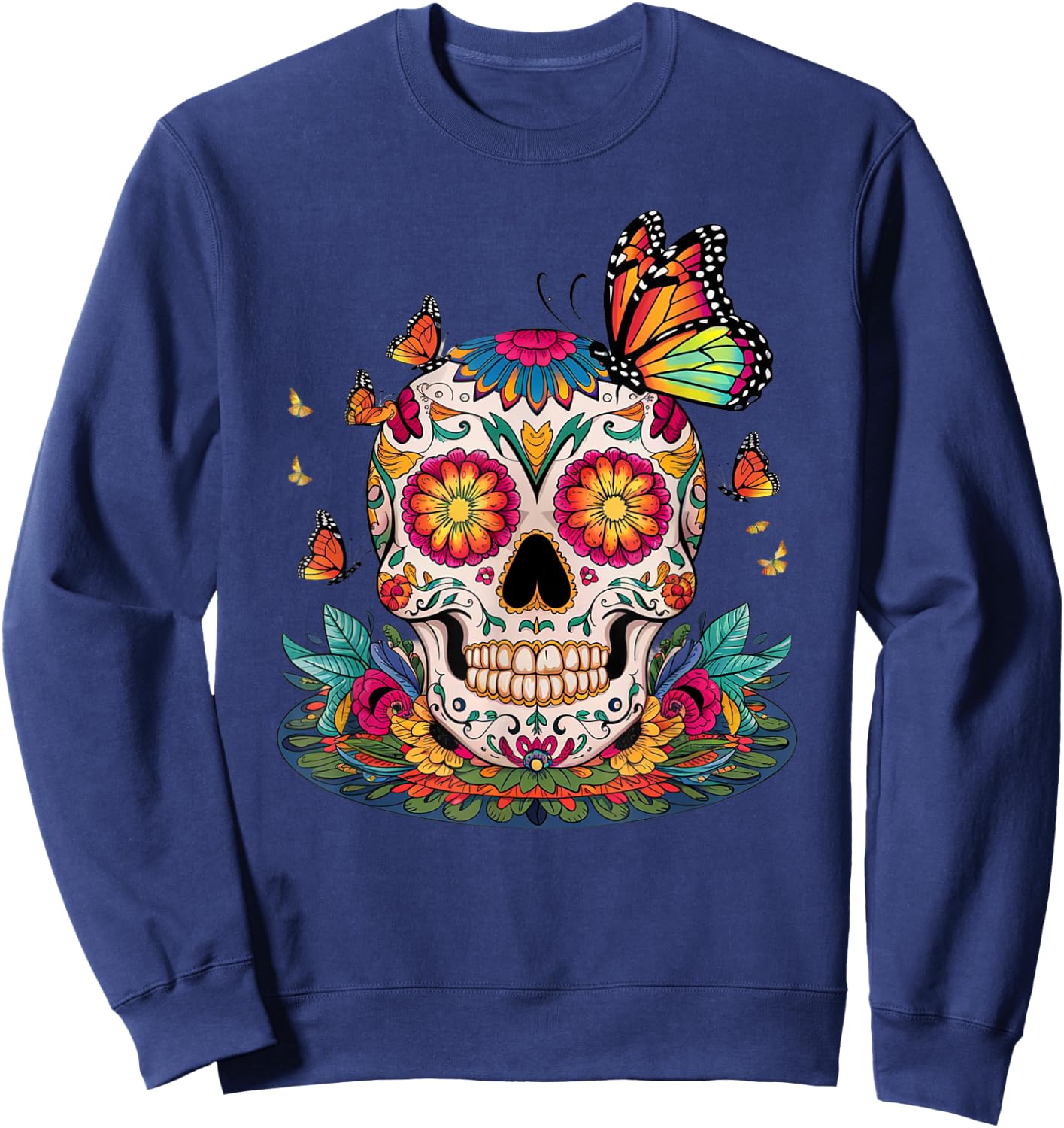 Sugar Skull Butterfly Day of Dead Halloween Dia De Muertos Sweatshirt - Sweatshirt | Navy