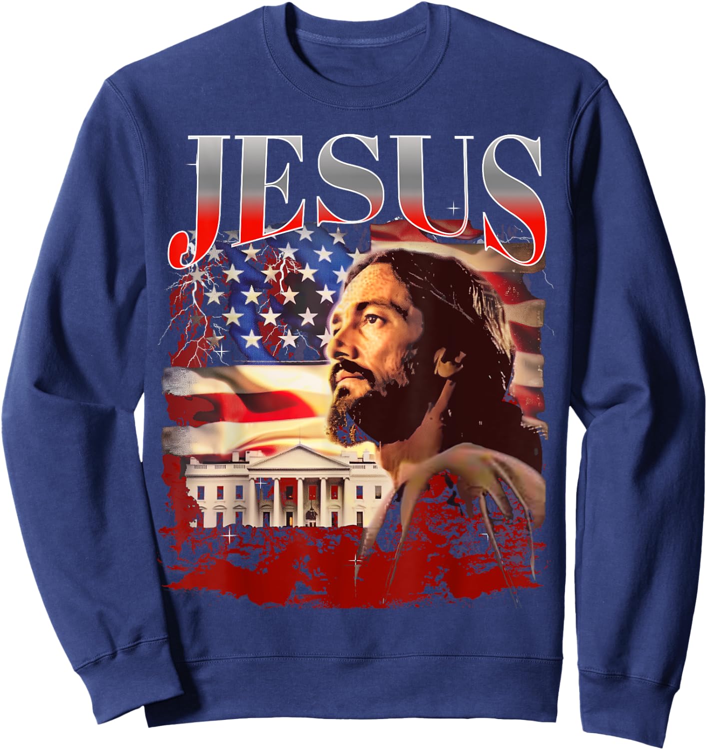 Jesus USA America Patriot Meme 90s Bootleg Rap Merch Style Sweatshirt - Sweatshirt | Navy